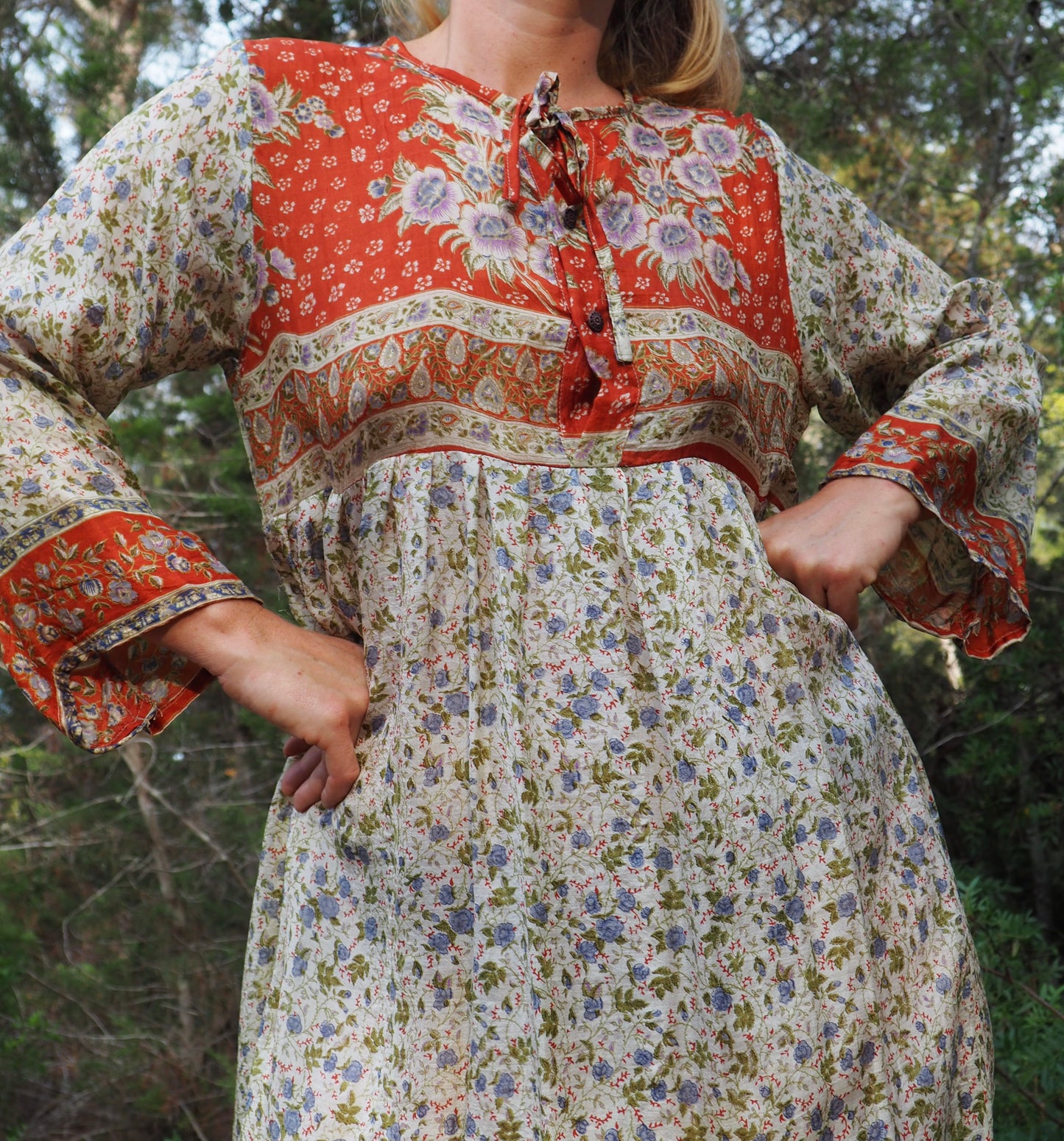 Vintage Indian sari dress cream with blue and orange floral print up-cycled by Vagabond Ibiza