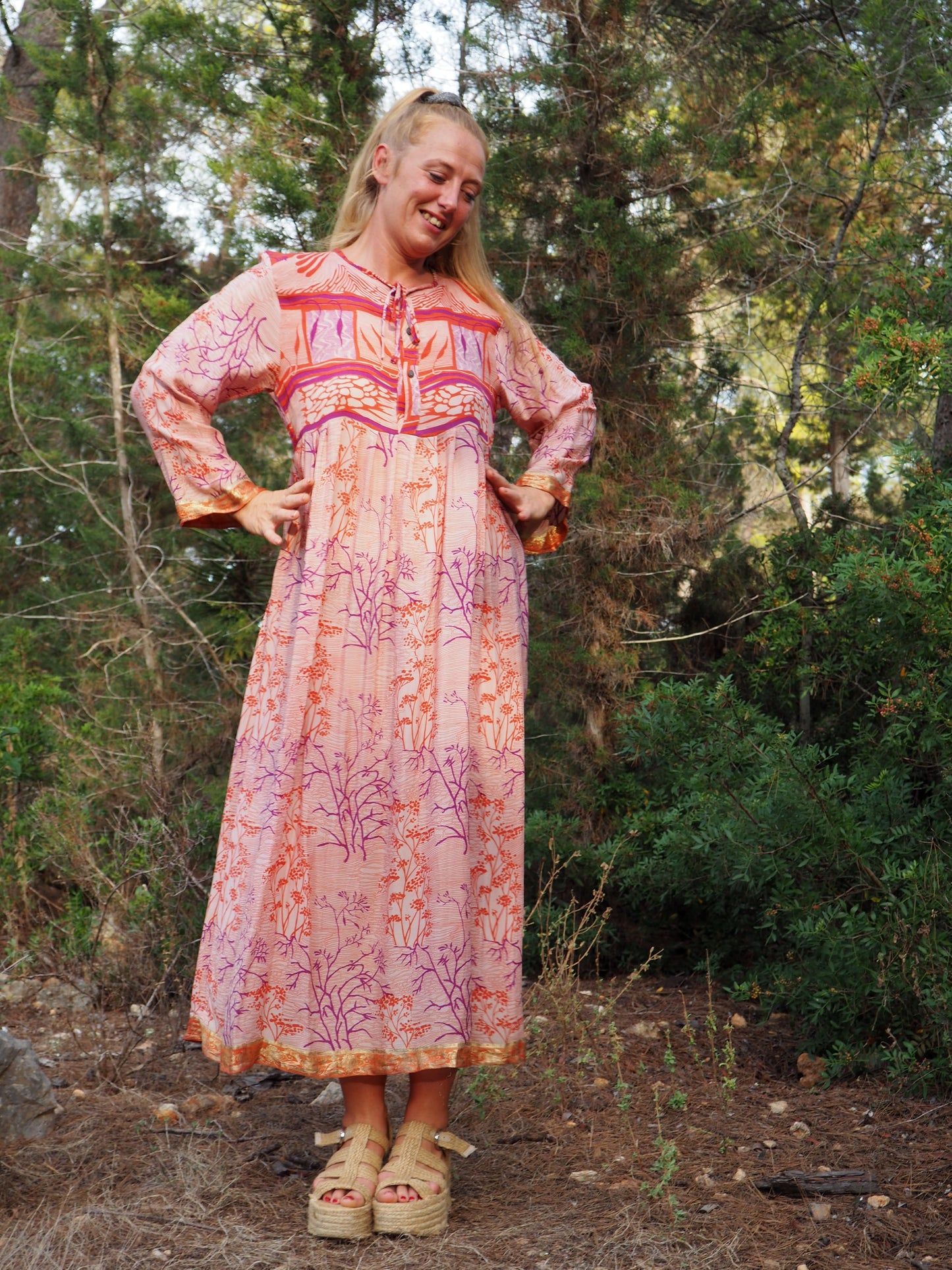 Vintage Indian sari dress with oversized sleeves up-cycled by Vagabond Ibiza