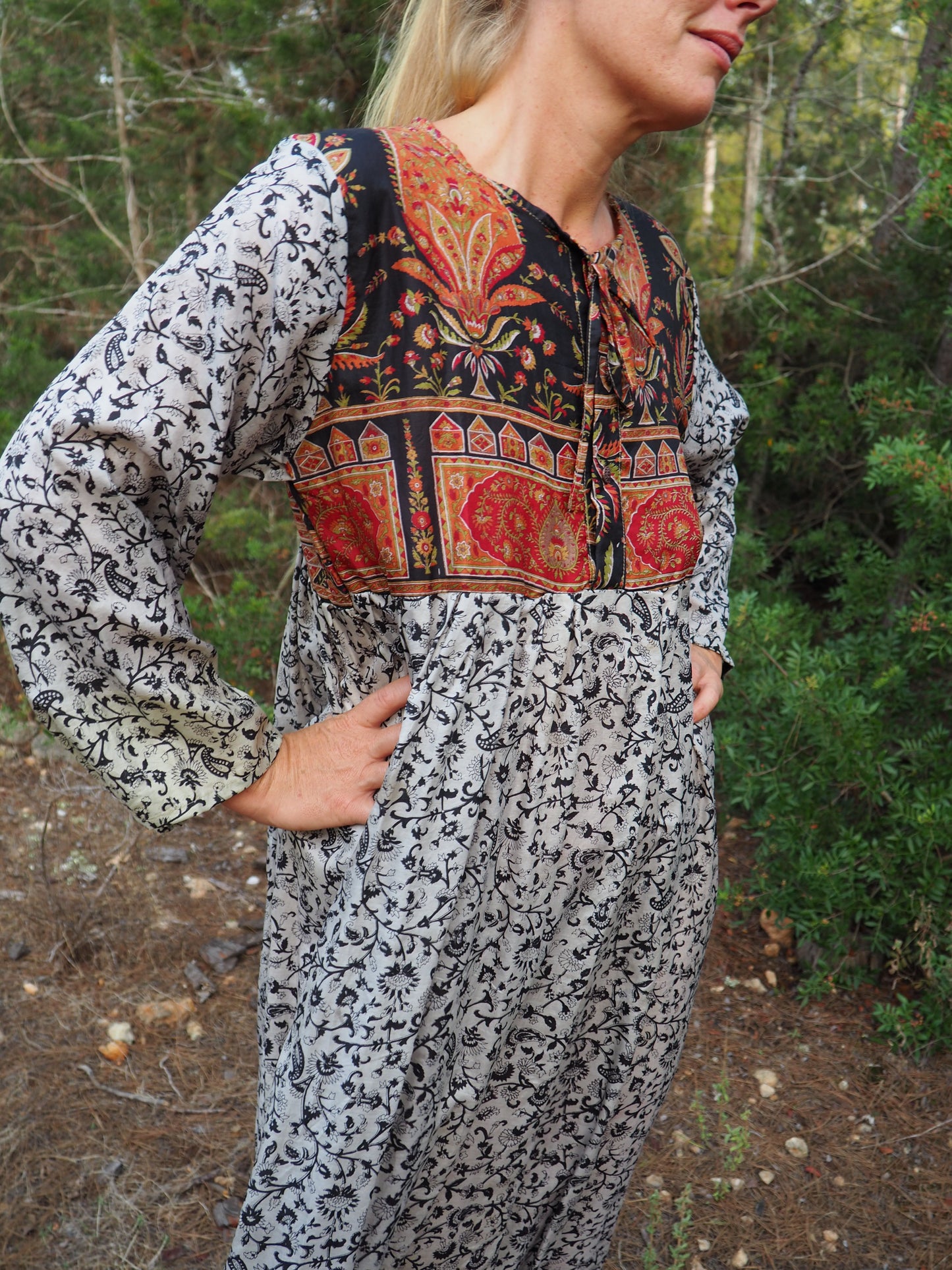 Vintage Indian sari dress with oversized sleeves up-cycled by Vagabond Ibiza