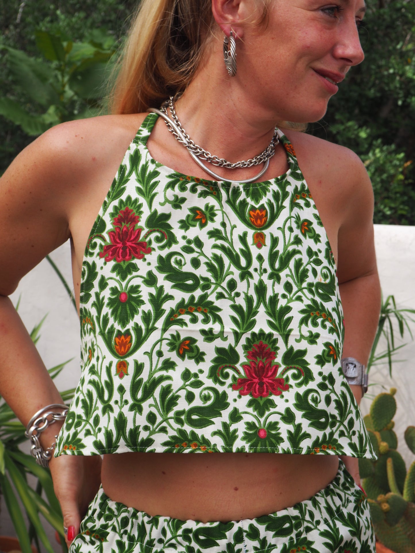 Vintage woven printed green and Cream floral patterns 2 piece set cropped jackets and tie crop top up-cycled by Vagabond Ibiza pants sold separate