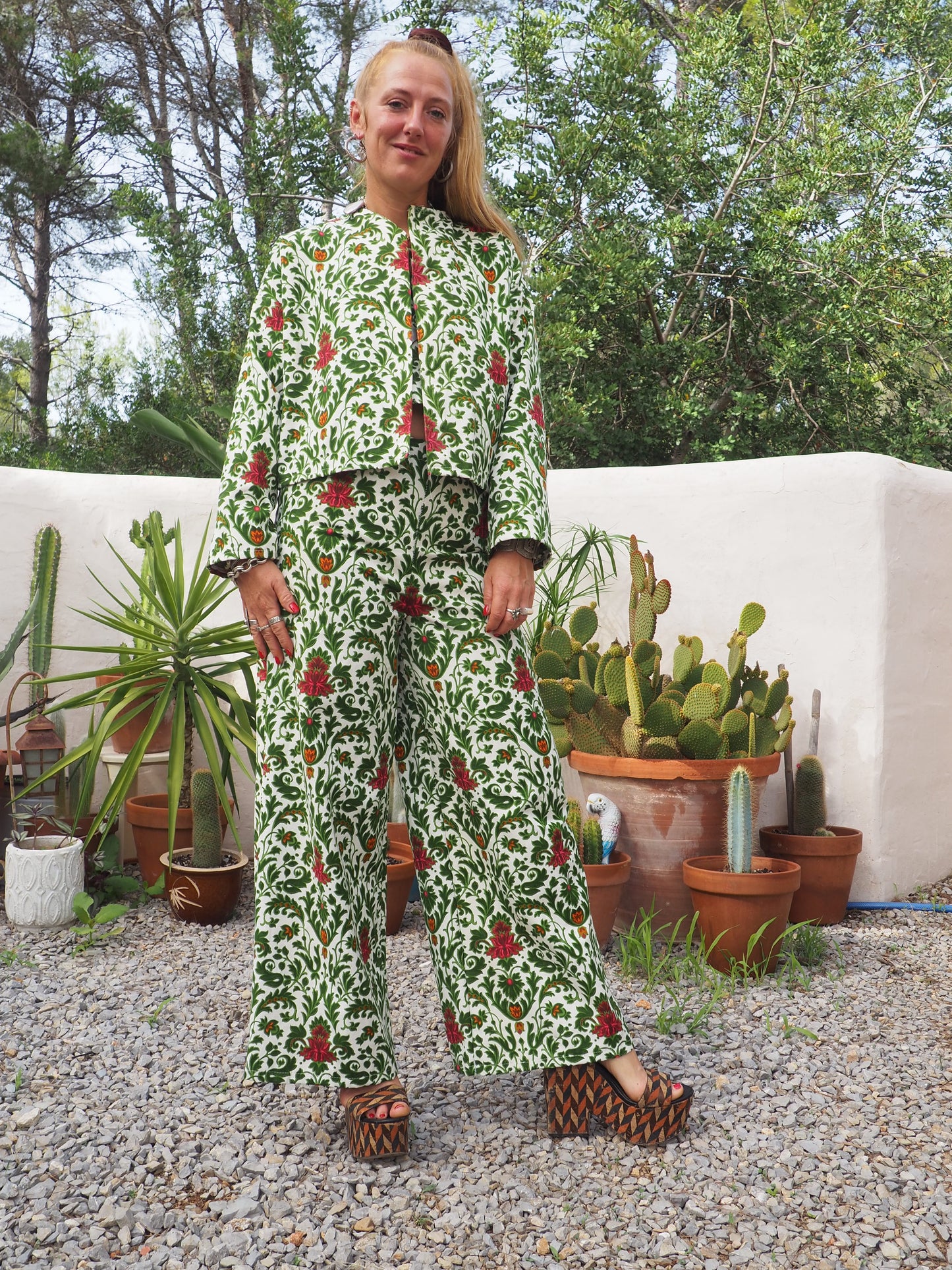 Vintage woven printed green and Cream floral patterns 2 piece set cropped jackets and tie crop top up-cycled by Vagabond Ibiza pants sold separate