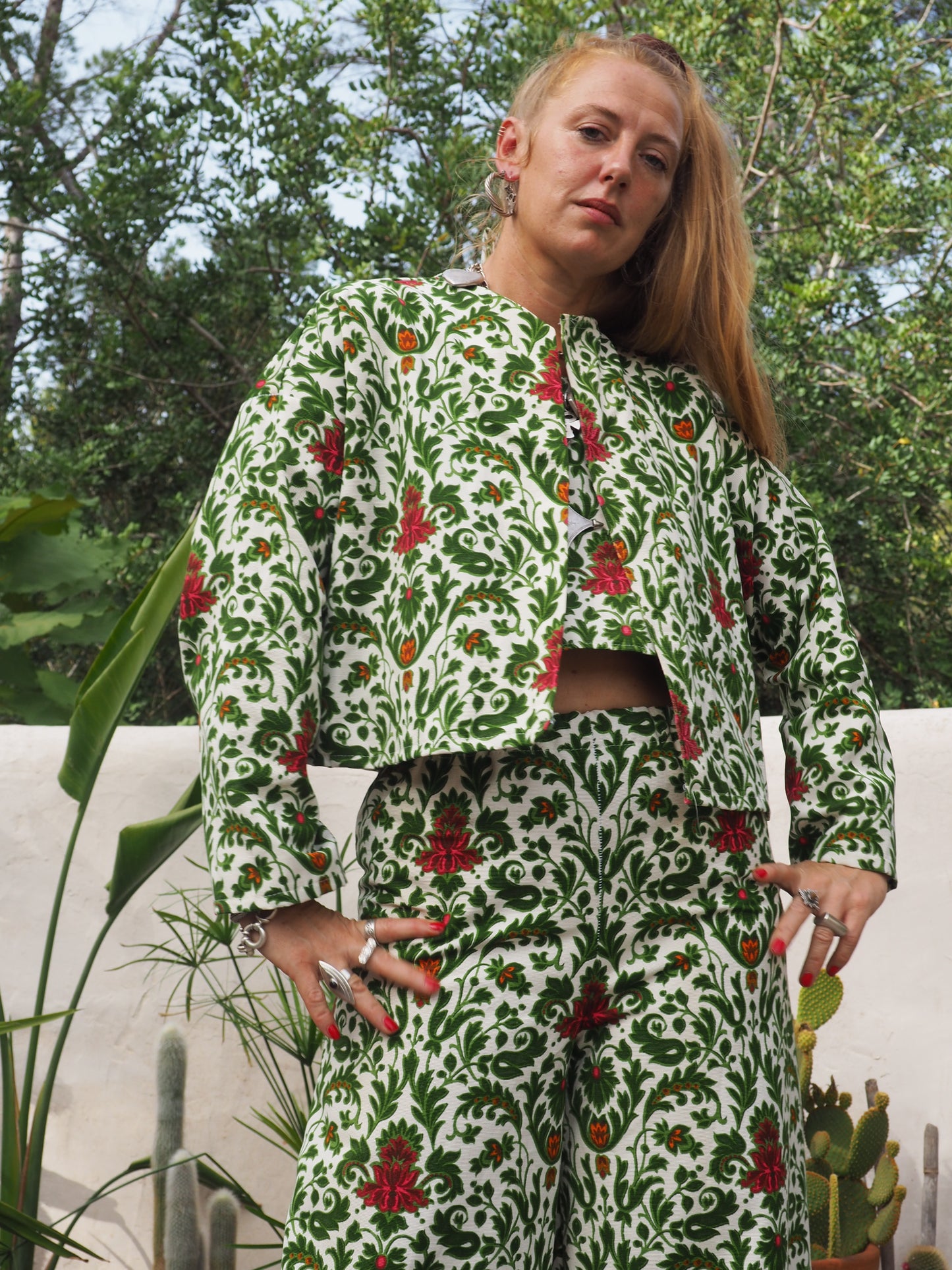 Vintage woven printed green and Cream floral patterns 2 piece set cropped jackets and tie crop top up-cycled by Vagabond Ibiza pants sold separate