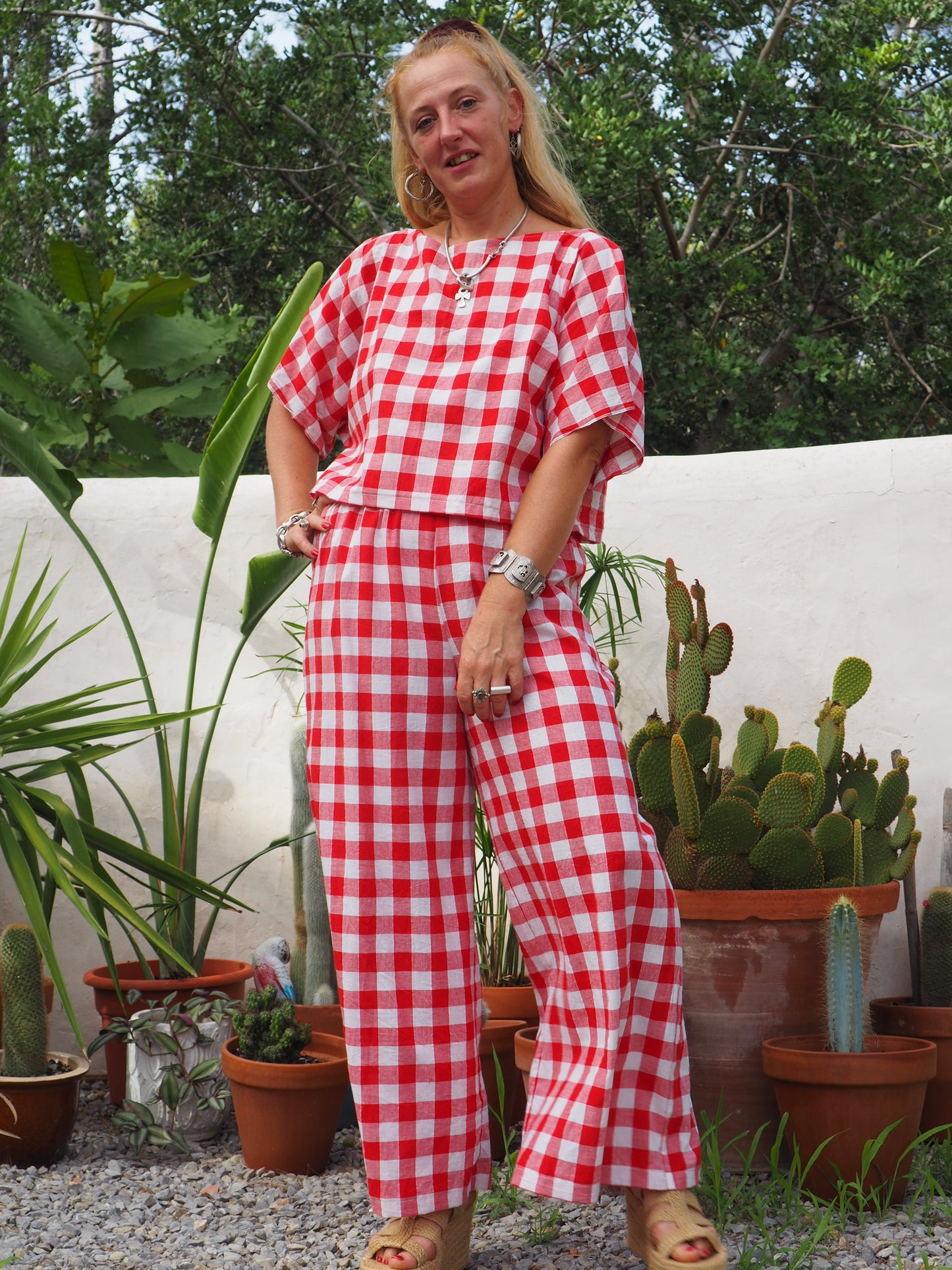 Vintage thin soft cotton red and white checked 2 piece set wide leg pants with elastic waist and t-shirt too up-cycled by Vagabond Ibiza