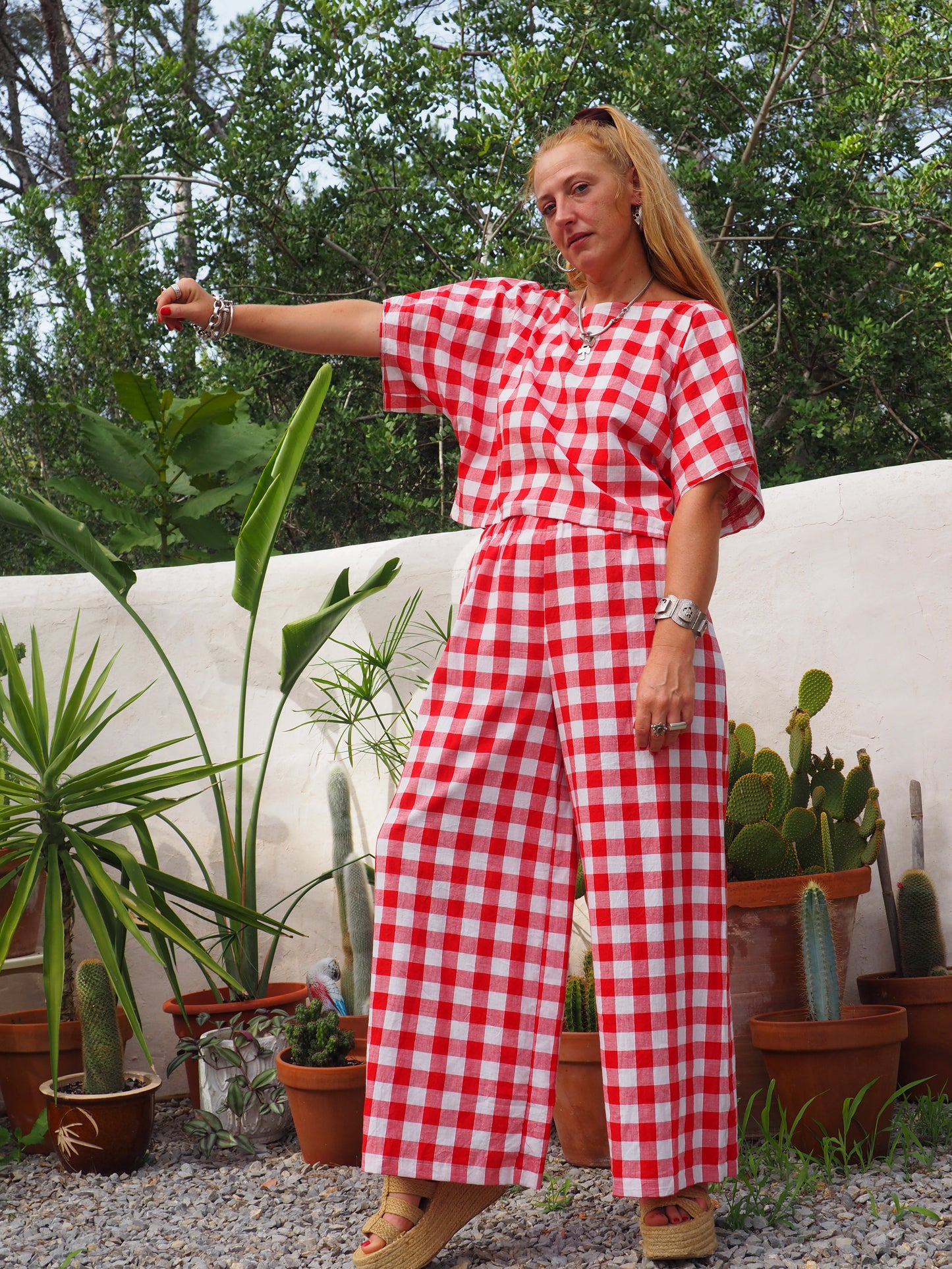 Vintage thin soft cotton red and white checked 2 piece set wide leg pants with elastic waist and t-shirt too up-cycled by Vagabond Ibiza