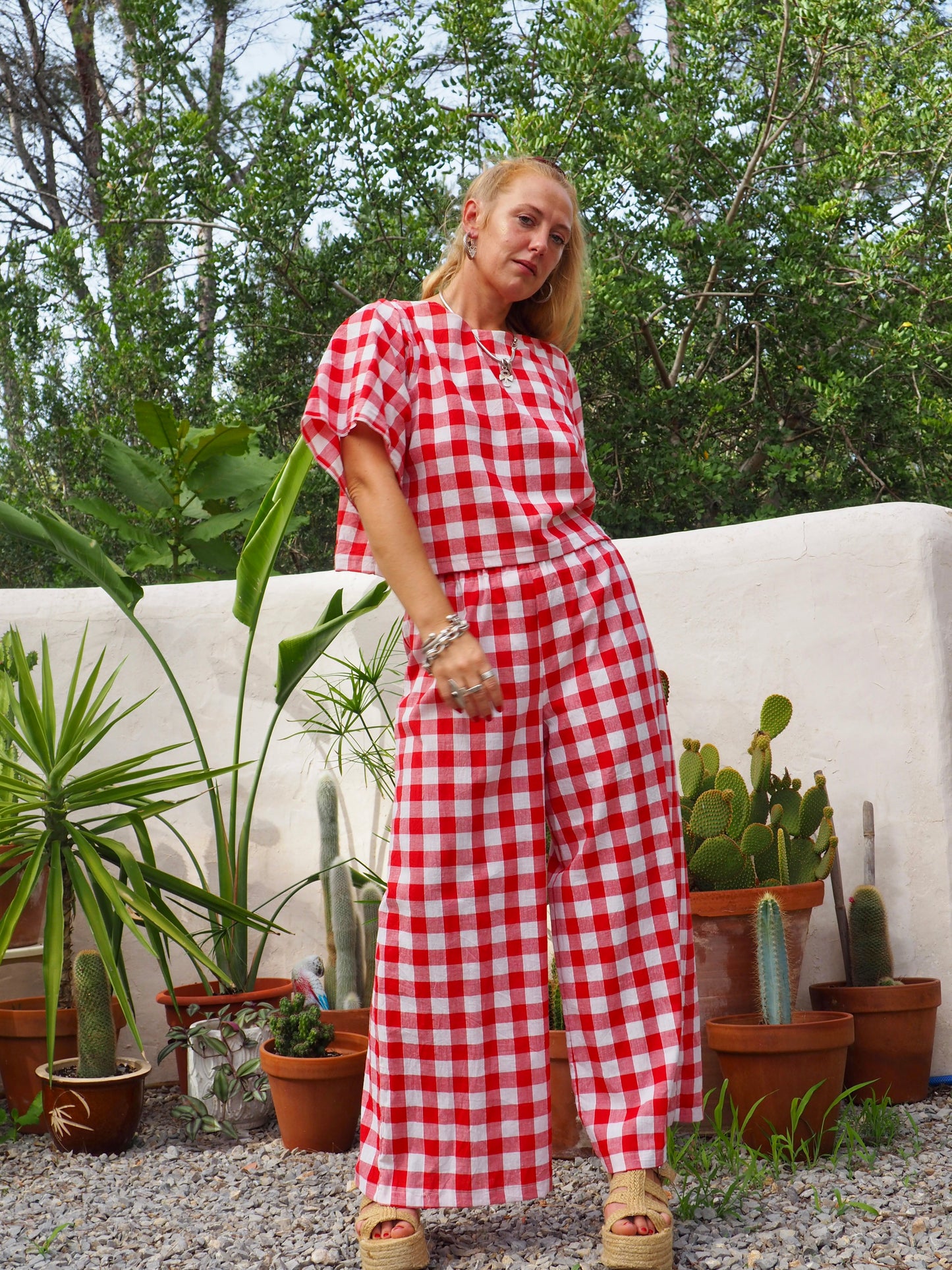 Vintage thin soft cotton red and white checked 2 piece set wide leg pants with elastic waist and t-shirt too up-cycled by Vagabond Ibiza