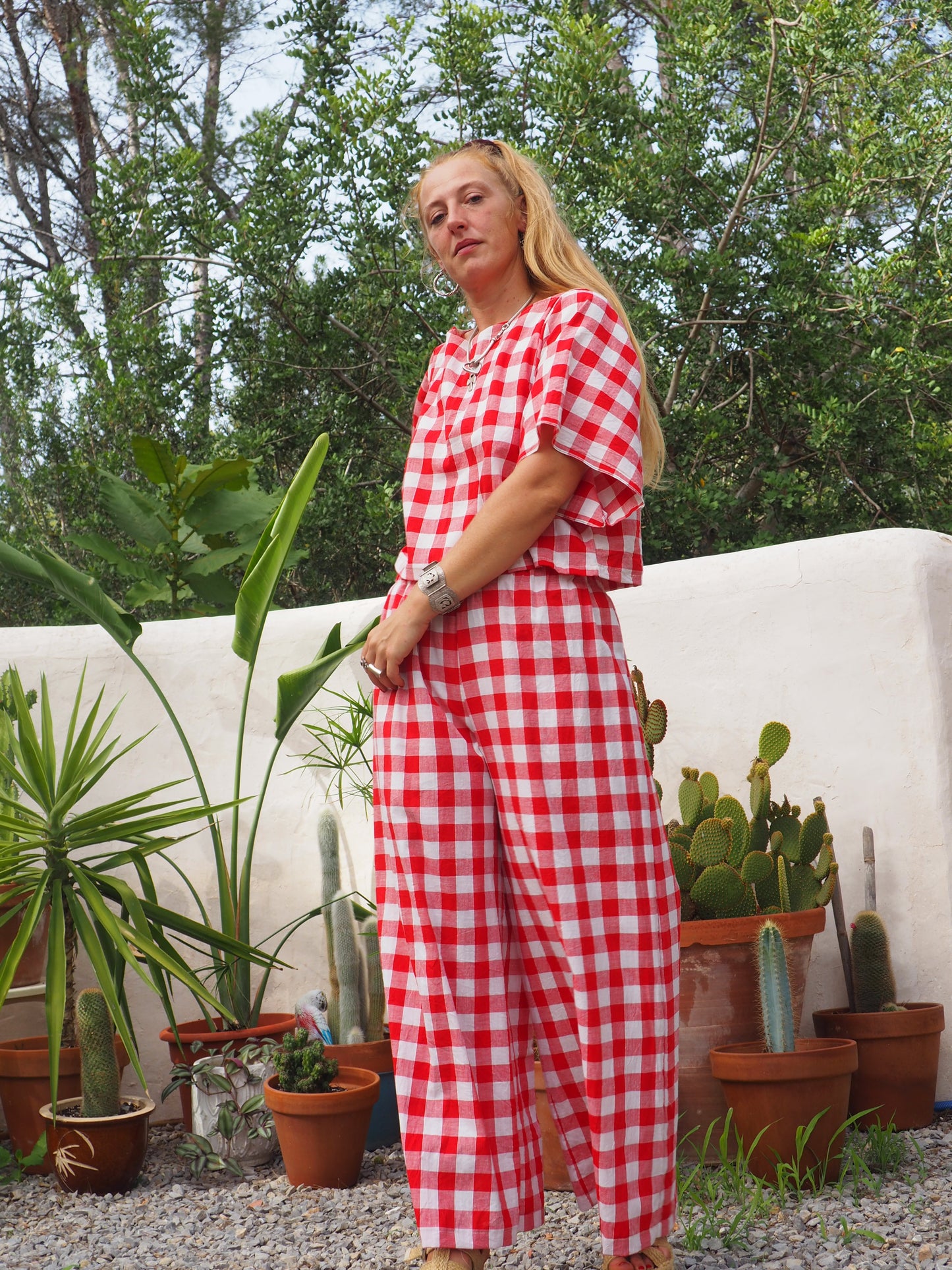 Vintage thin soft cotton red and white checked 2 piece set wide leg pants with elastic waist and t-shirt too up-cycled by Vagabond Ibiza