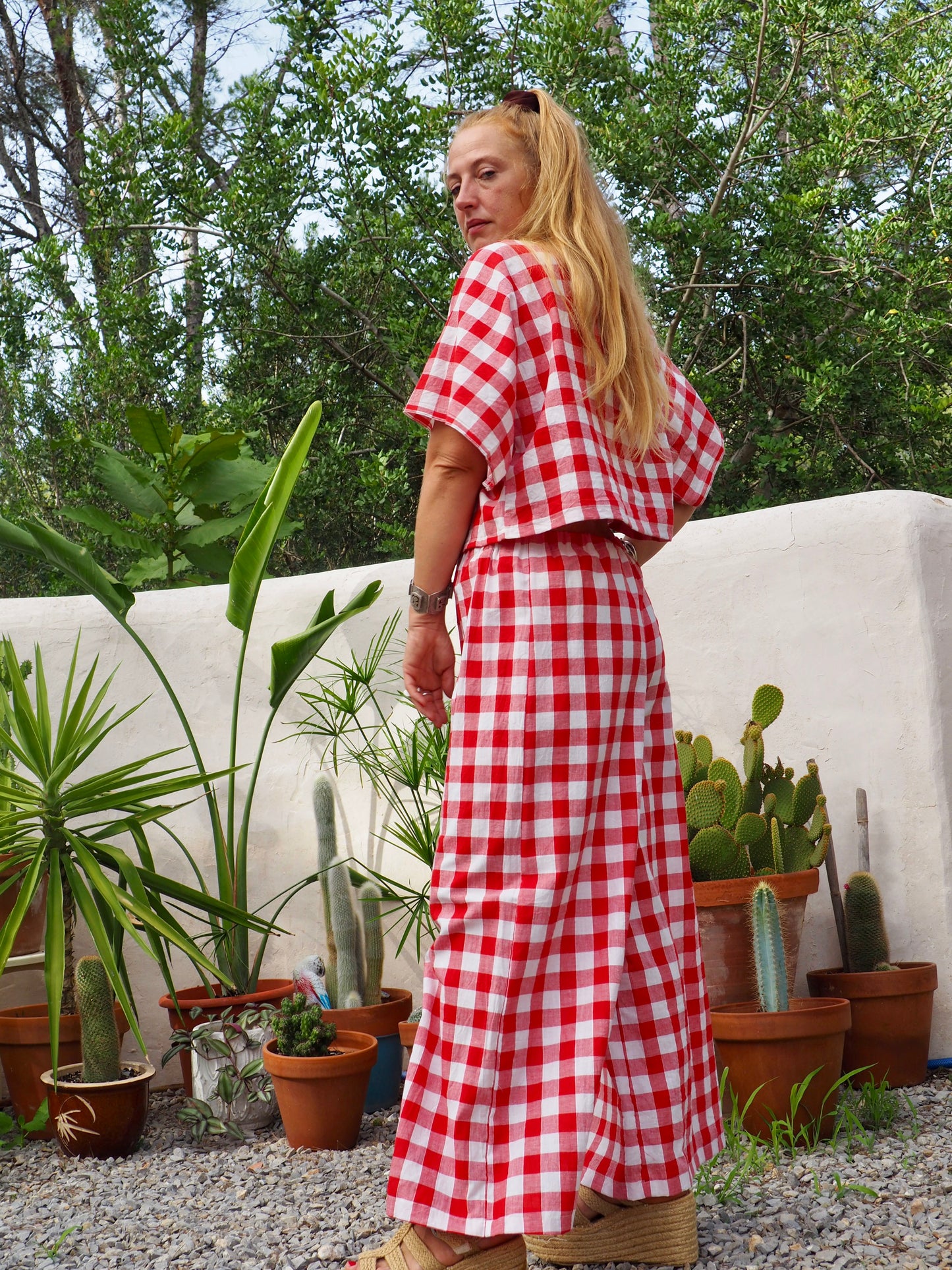 Vintage thin soft cotton red and white checked 2 piece set wide leg pants with elastic waist and t-shirt too up-cycled by Vagabond Ibiza