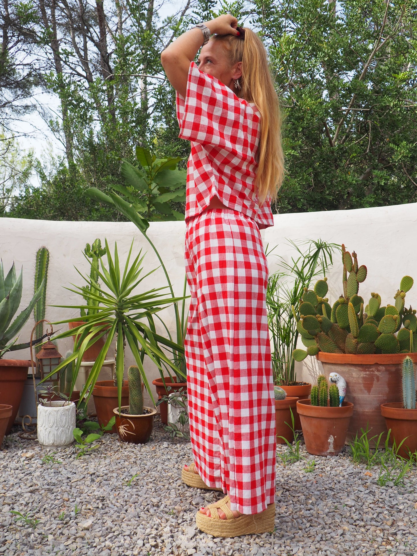 Vintage thin soft cotton red and white checked 2 piece set wide leg pants with elastic waist and t-shirt too up-cycled by Vagabond Ibiza