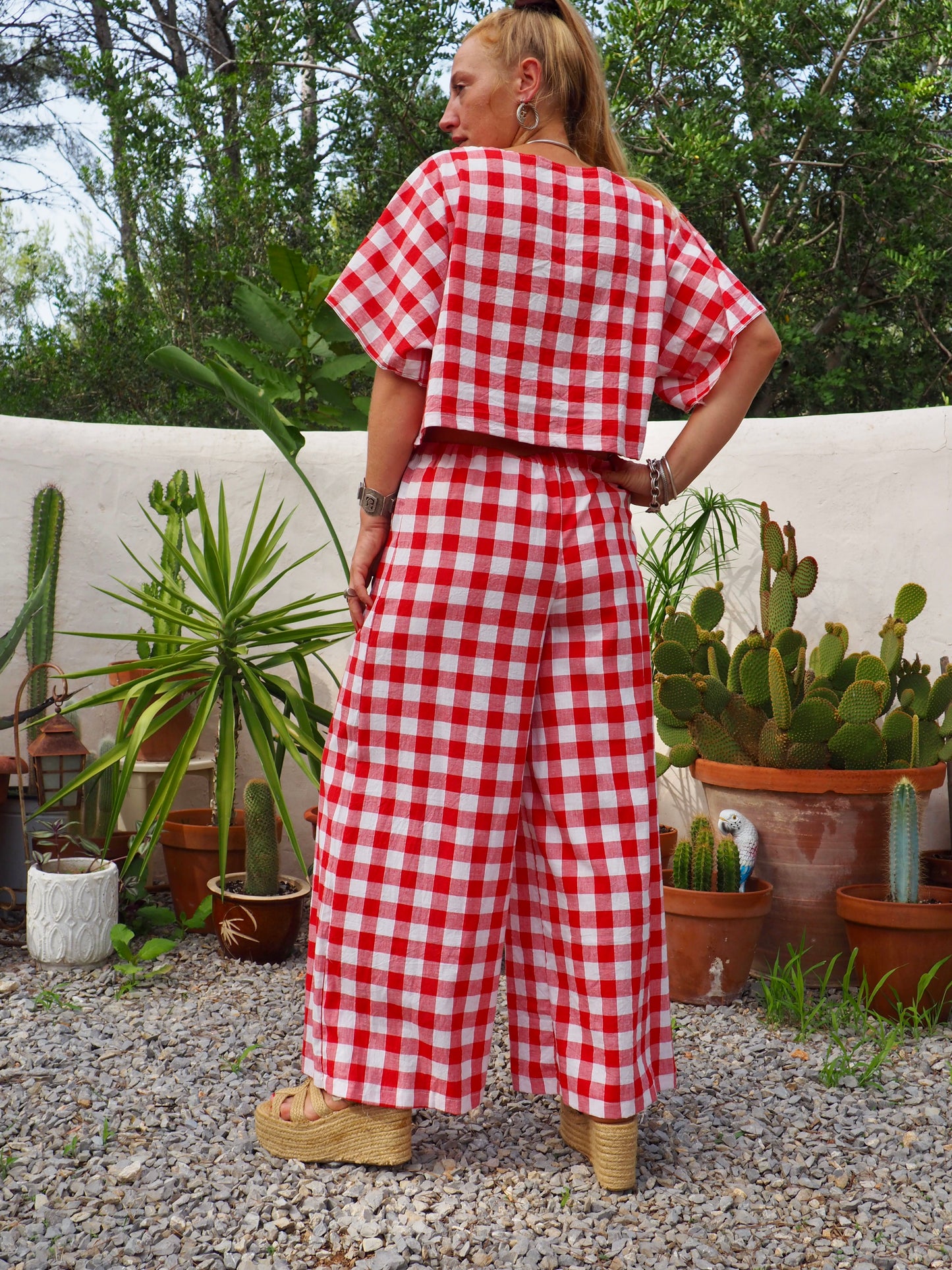 Vintage thin soft cotton red and white checked 2 piece set wide leg pants with elastic waist and t-shirt too up-cycled by Vagabond Ibiza