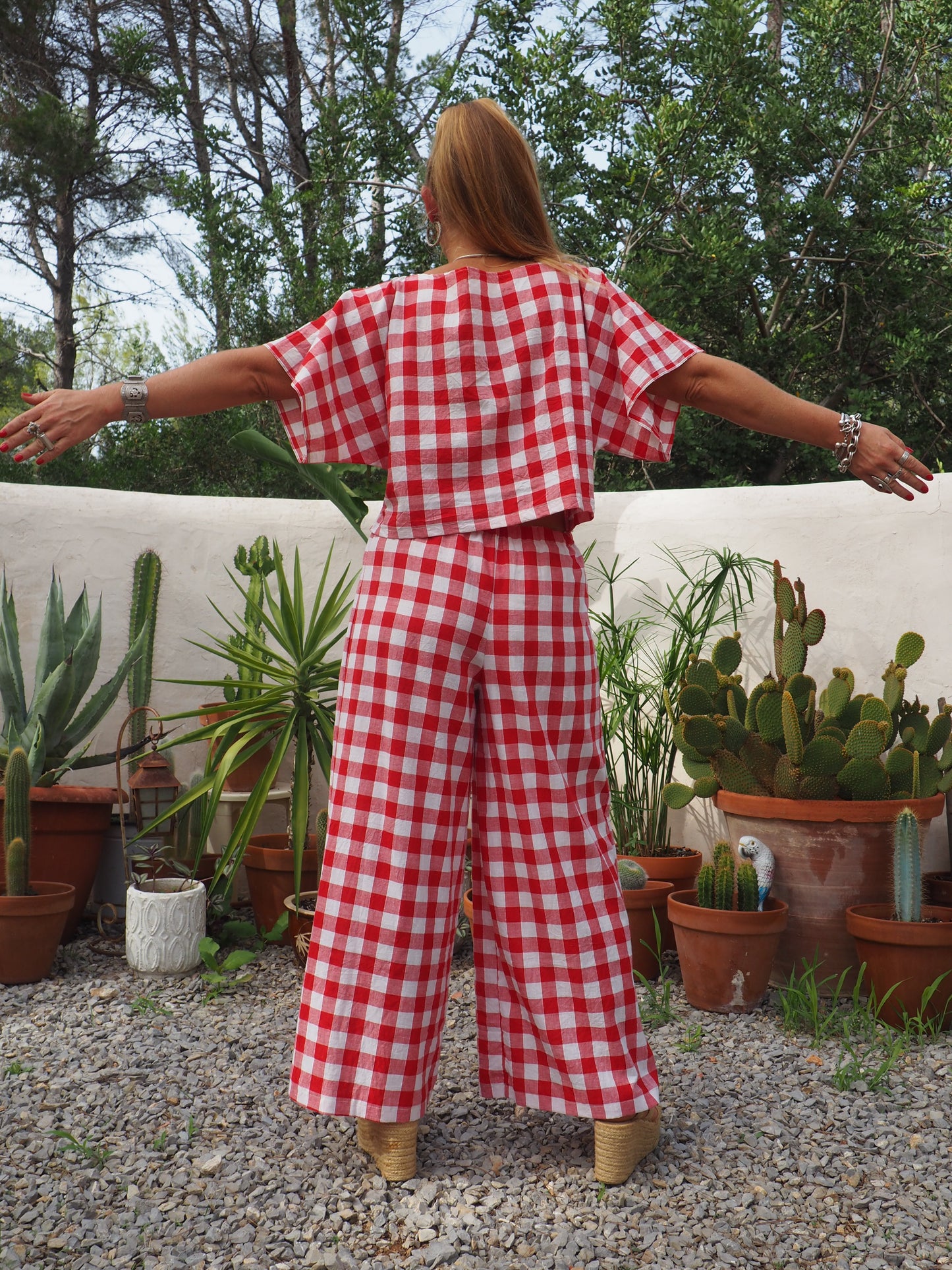 Vintage thin soft cotton red and white checked 2 piece set wide leg pants with elastic waist and t-shirt too up-cycled by Vagabond Ibiza