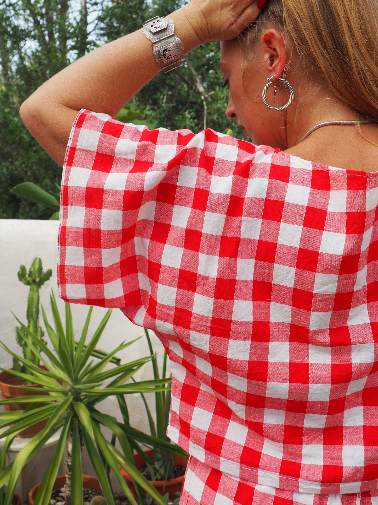 Vintage thin soft cotton red and white checked 2 piece set wide leg pants with elastic waist and t-shirt too up-cycled by Vagabond Ibiza