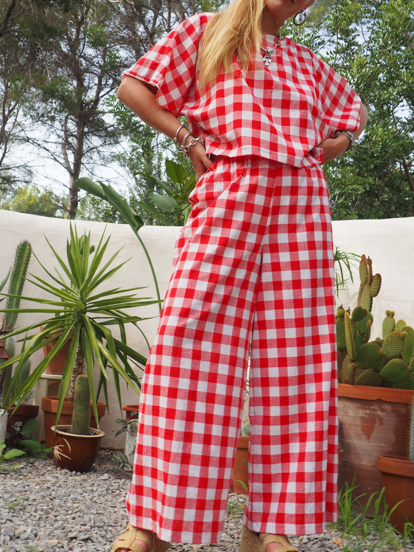 Vintage thin soft cotton red and white checked 2 piece set wide leg pants with elastic waist and t-shirt too up-cycled by Vagabond Ibiza