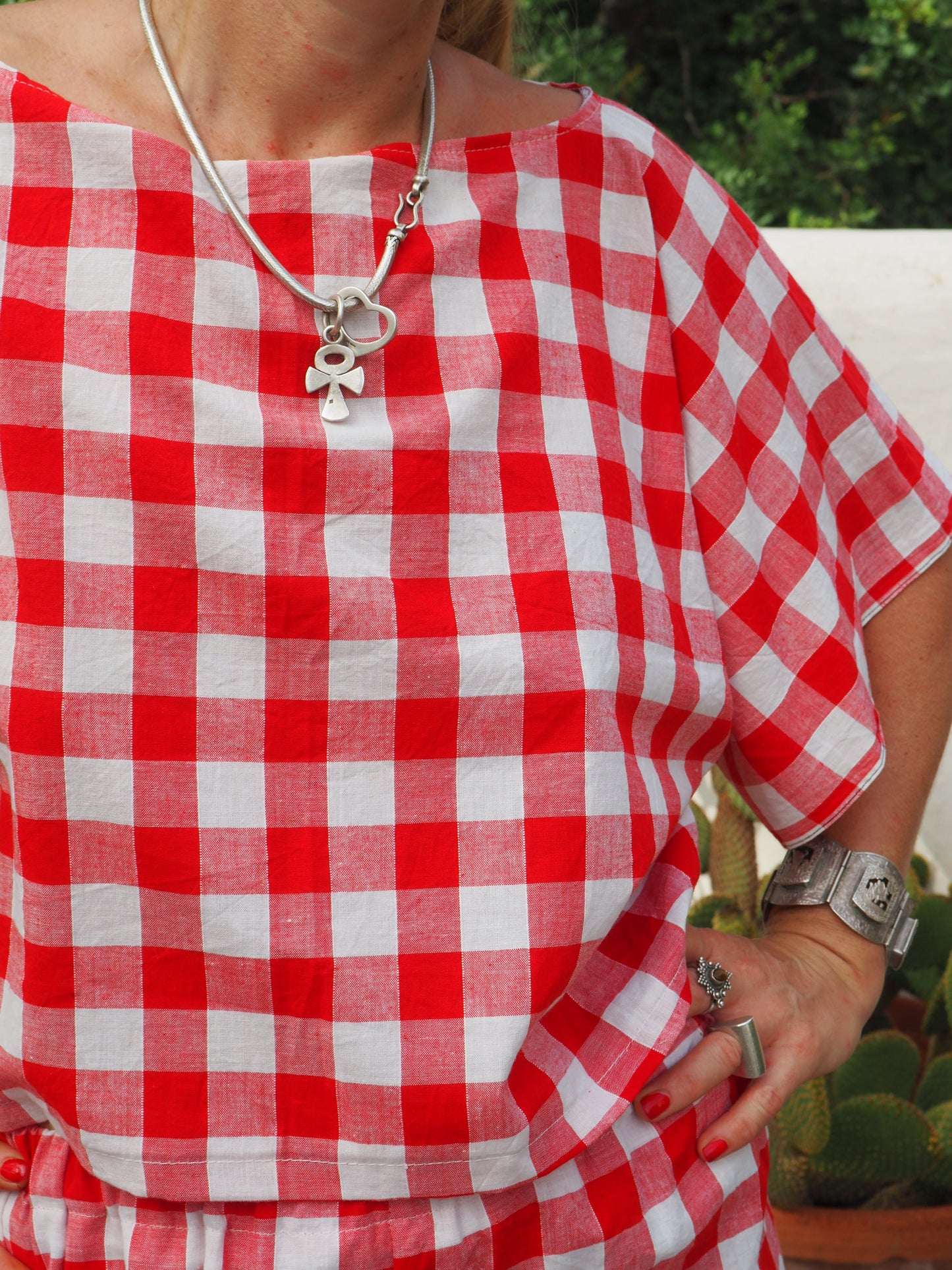 Vintage thin soft cotton red and white checked 2 piece set wide leg pants with elastic waist and t-shirt too up-cycled by Vagabond Ibiza