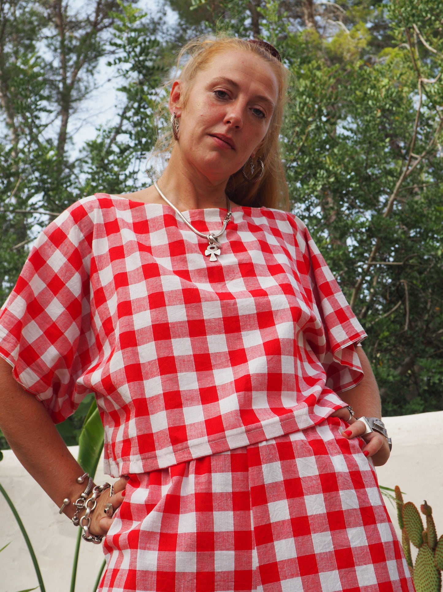 Vintage thin soft cotton red and white checked 2 piece set wide leg pants with elastic waist and t-shirt too up-cycled by Vagabond Ibiza