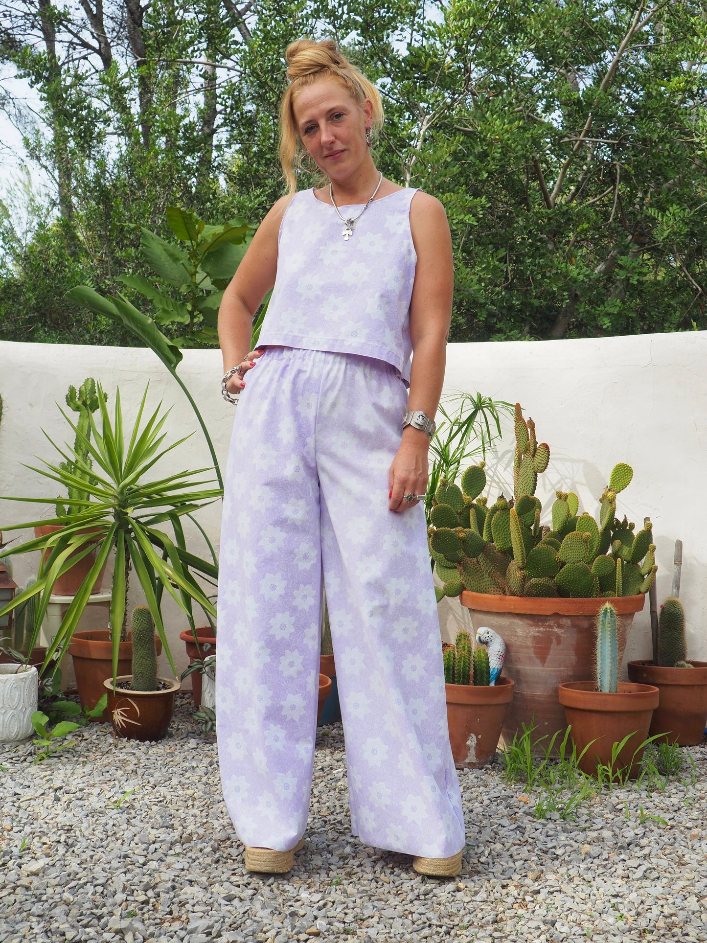 Vintage purple and white floral pattern textiles crop top t-shirt up-cycled by Vagabond Ibiza