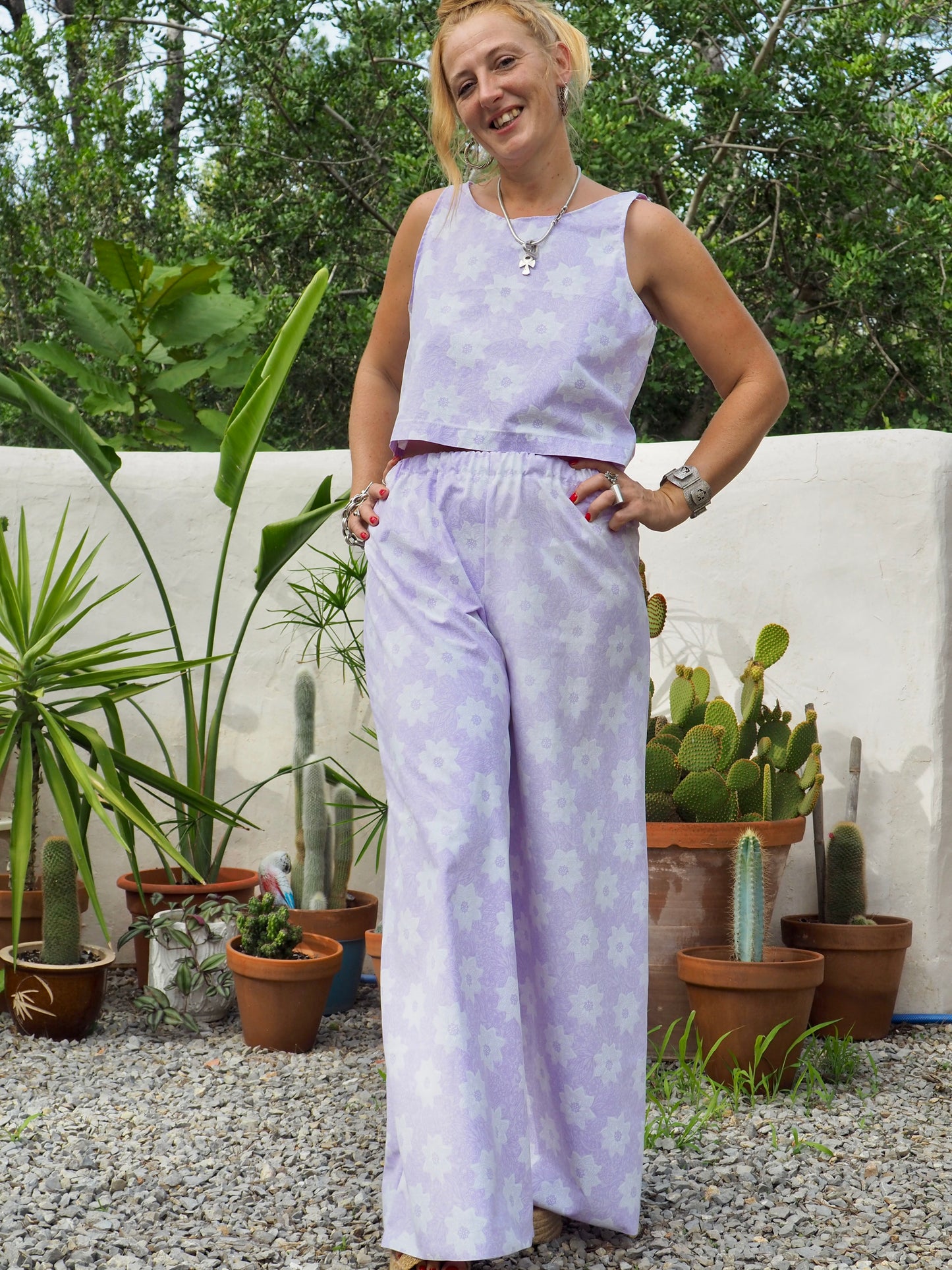 Vintage purple and white floral pattern textiles crop top t-shirt up-cycled by Vagabond Ibiza