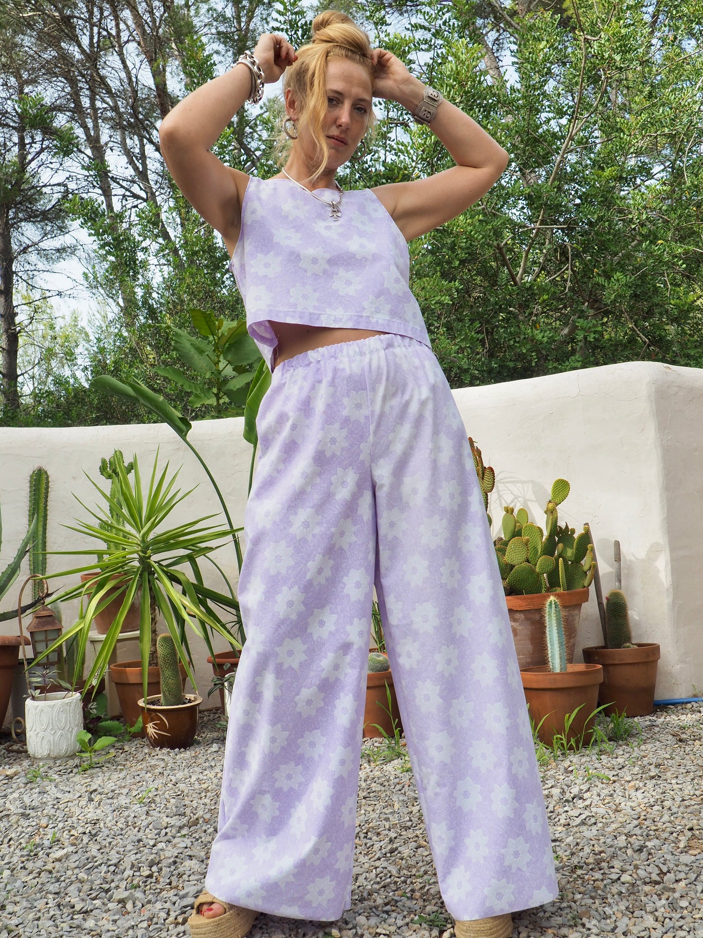 Vintage purple and white floral pattern textiles crop top t-shirt up-cycled by Vagabond Ibiza