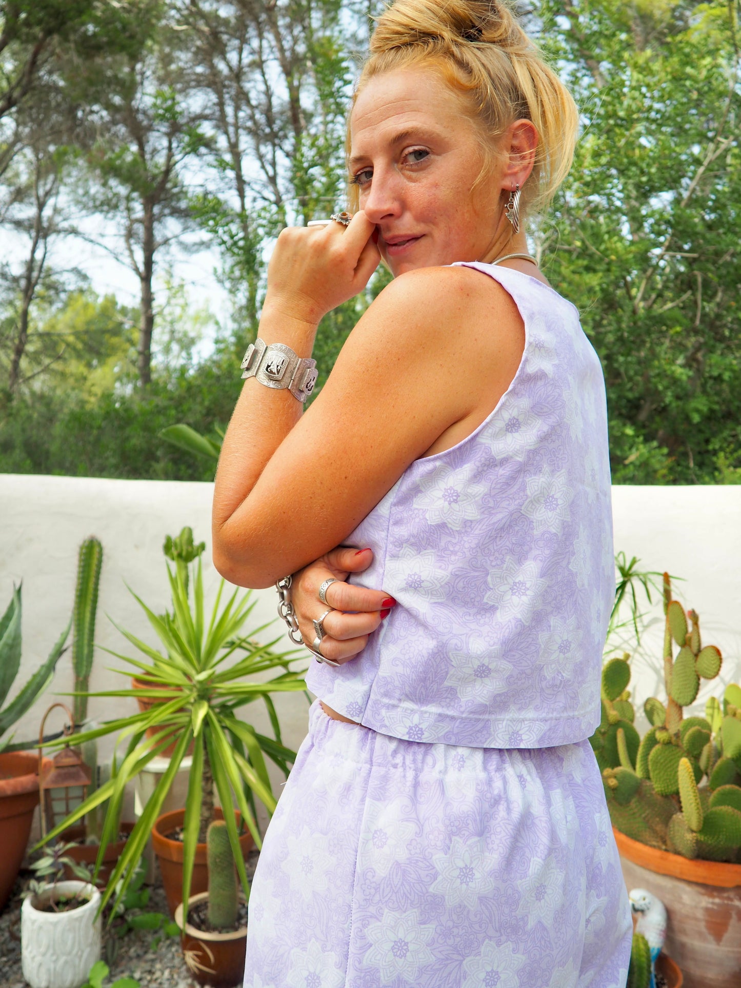 Vintage purple and white floral pattern textiles crop top t-shirt up-cycled by Vagabond Ibiza