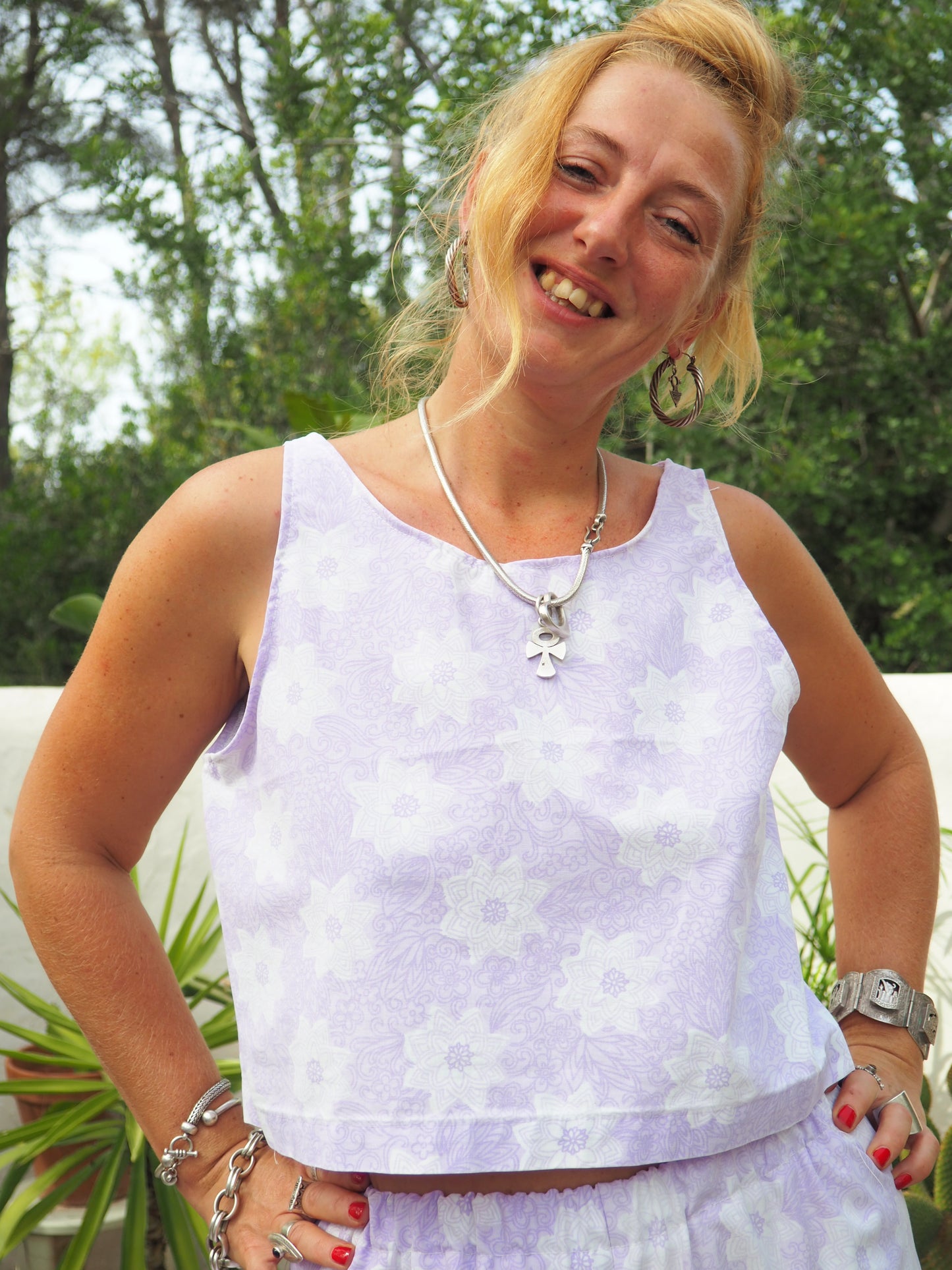 Vintage purple and white floral pattern textiles crop top t-shirt up-cycled by Vagabond Ibiza