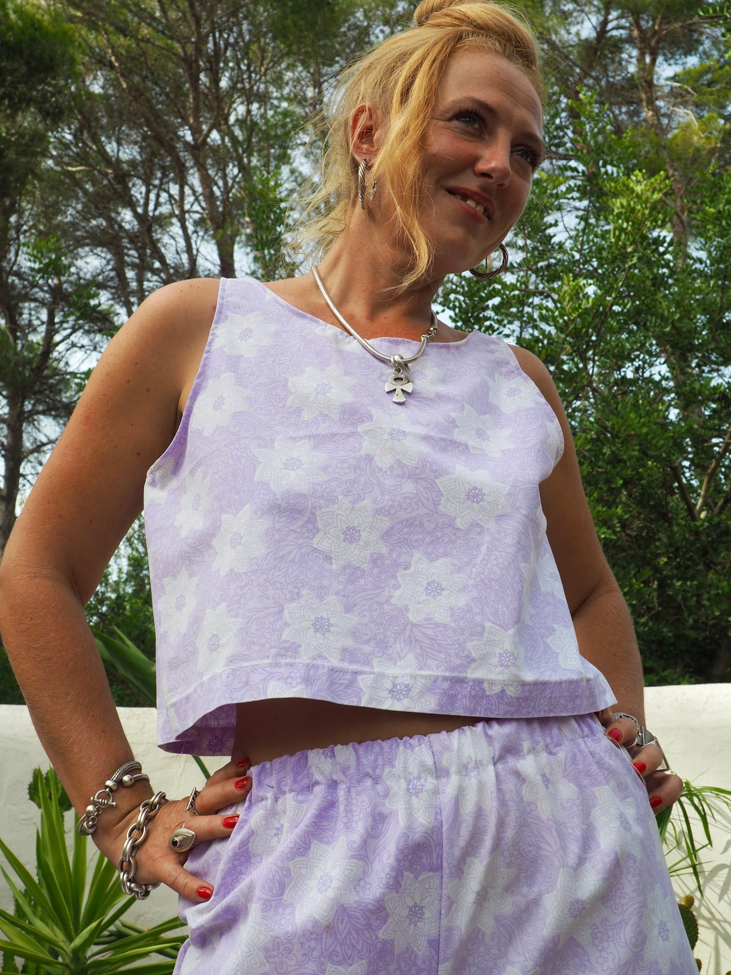 Vintage purple and white floral pattern textiles crop top t-shirt up-cycled by Vagabond Ibiza