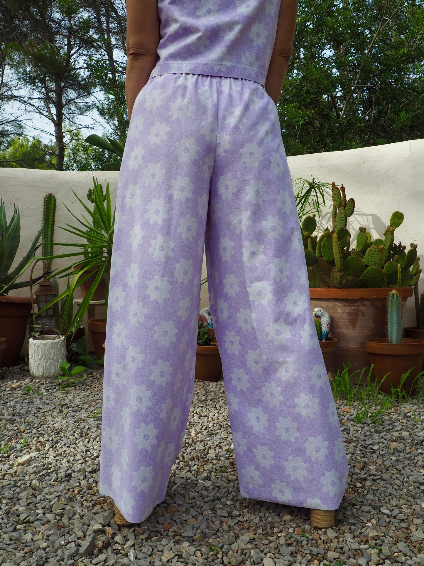 Vintage purple and white floral pattern textiles crop top t-shirt up-cycled by Vagabond Ibiza