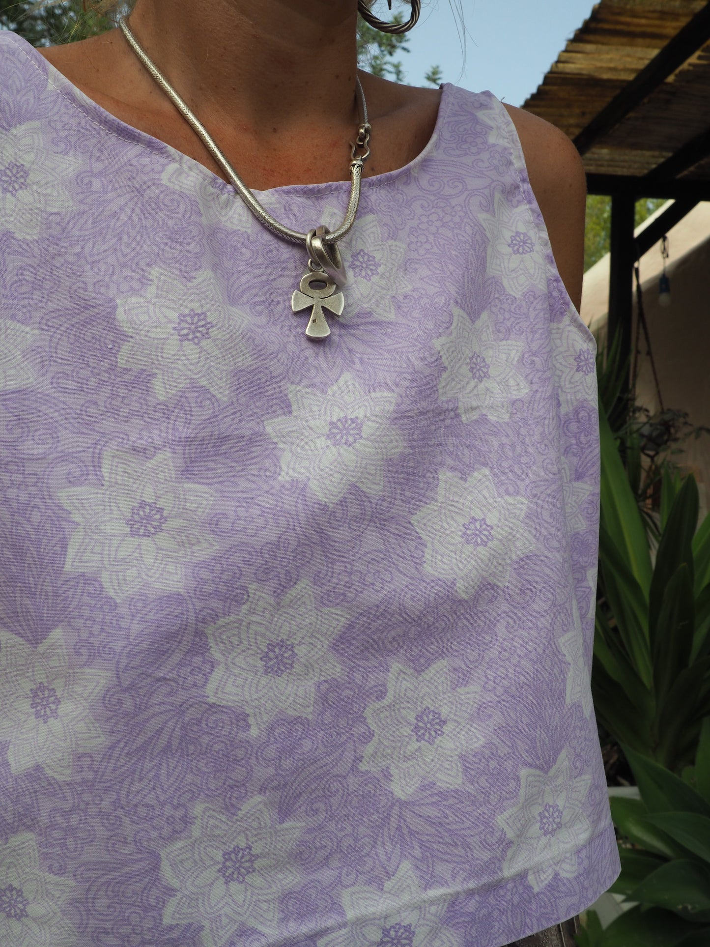 Vintage purple and white floral pattern textiles crop top t-shirt up-cycled by Vagabond Ibiza