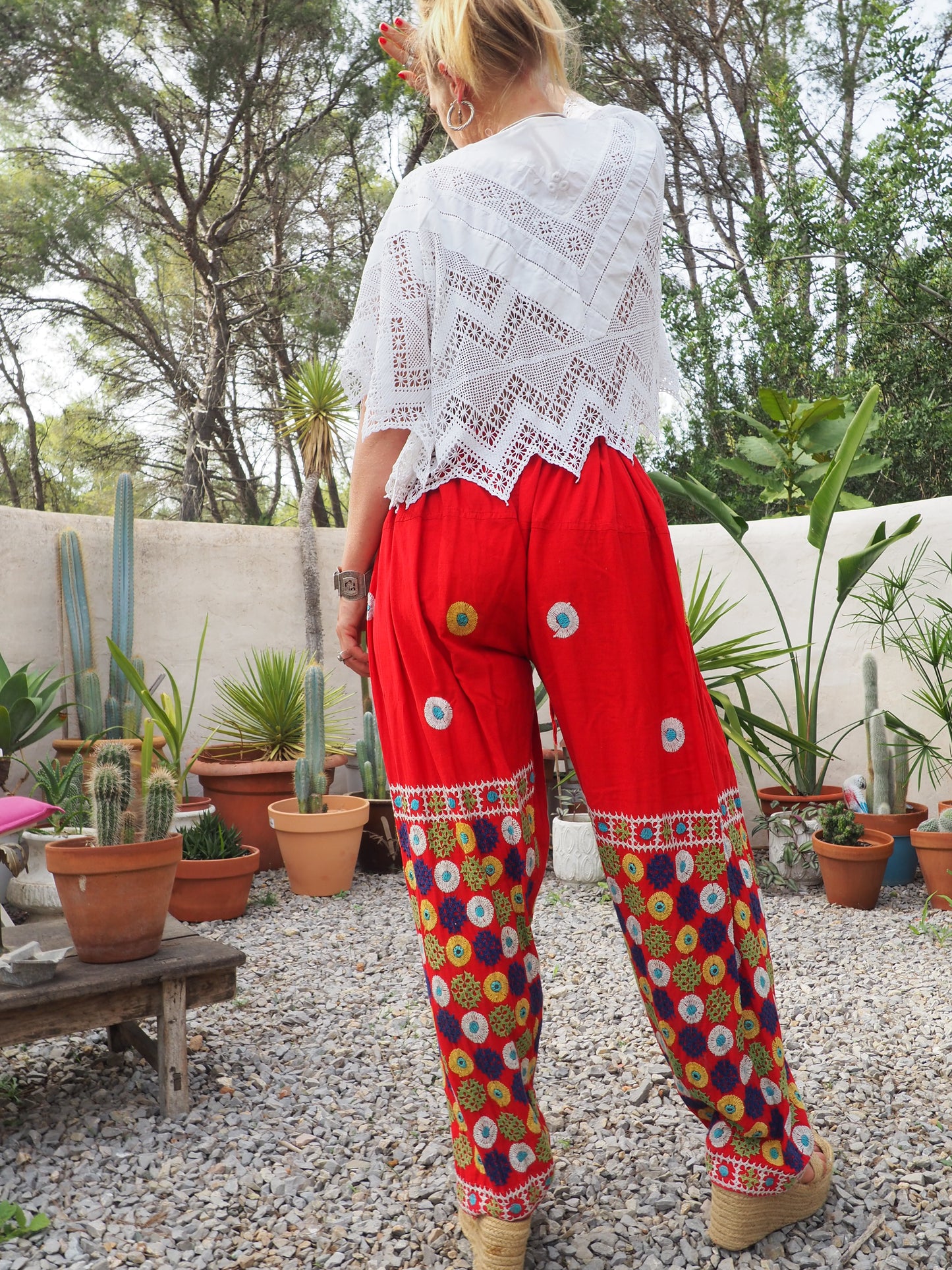 Original vintage 1970’s Indian hand embroidered pants on bright red cotton textiles and a draw string waist very cool