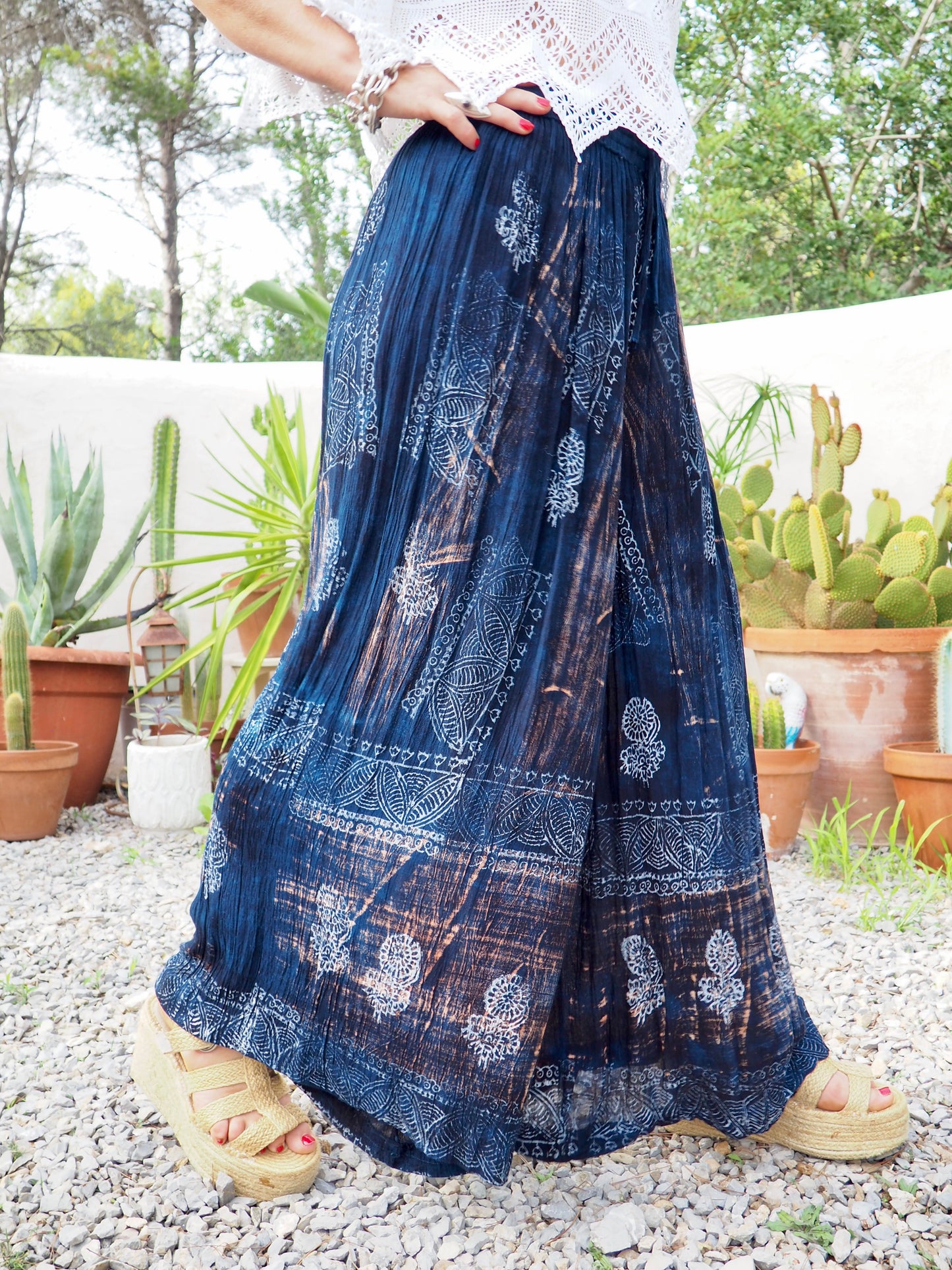 Vintage Indian fine thin cotton navy blue really wide leg pants with gold motifs and elasticated waist.