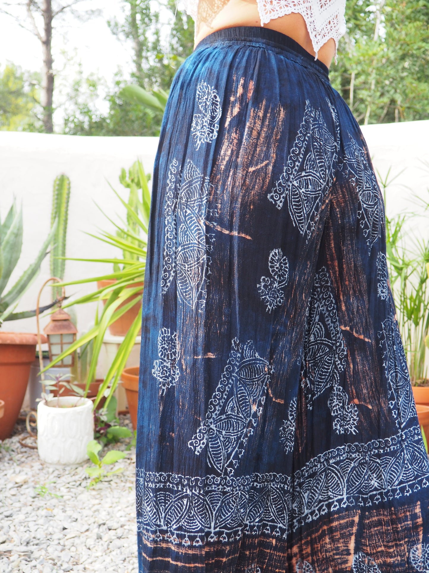 Vintage Indian fine thin cotton navy blue really wide leg pants with gold motifs and elasticated waist.