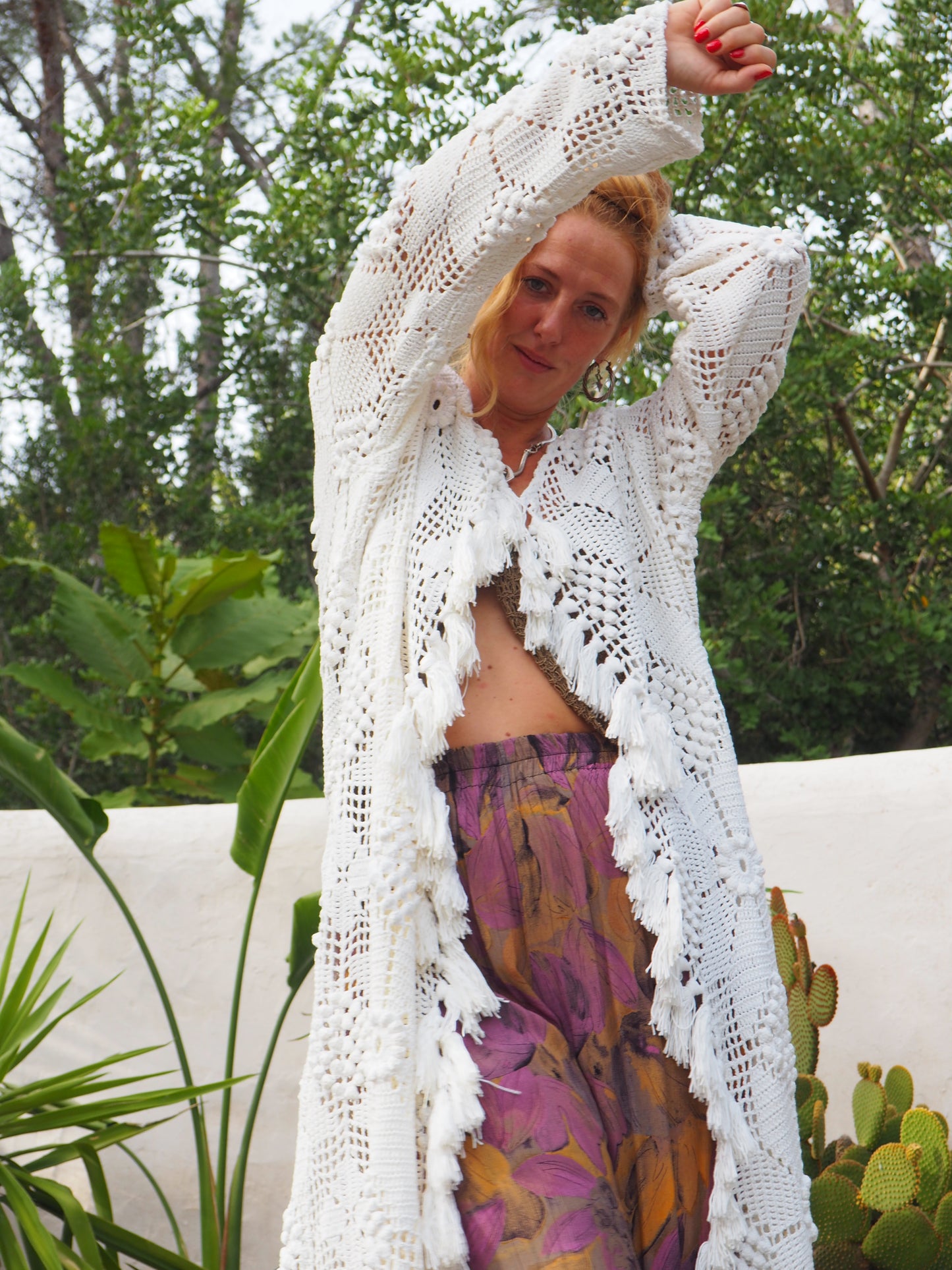 White long vintage handmade crochet jacket up-cycled by Vagabond Ibiza