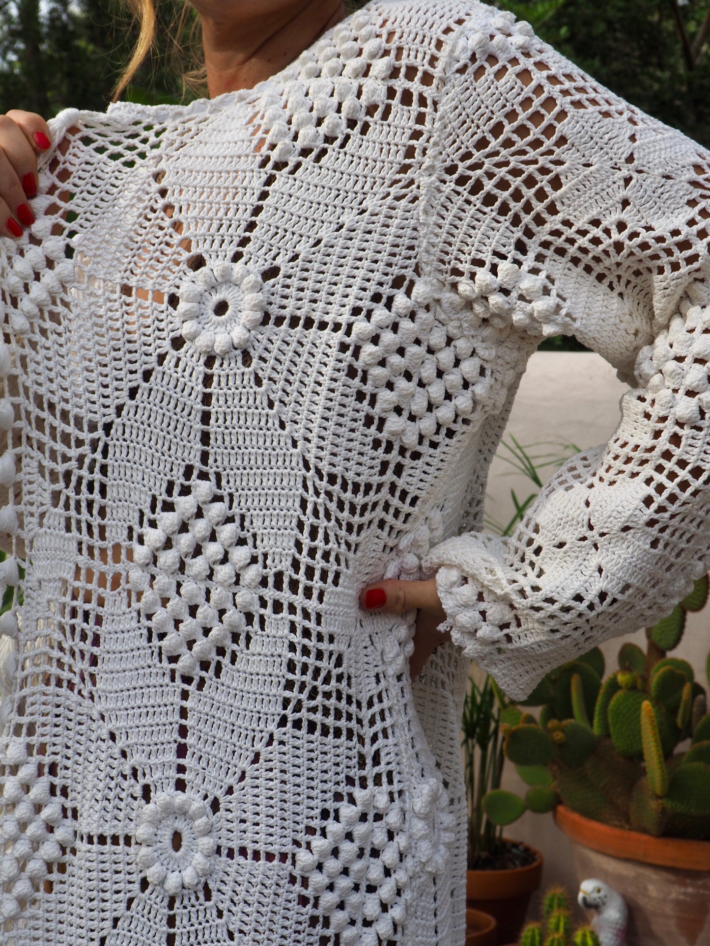 White long vintage handmade crochet jacket up-cycled by Vagabond Ibiza