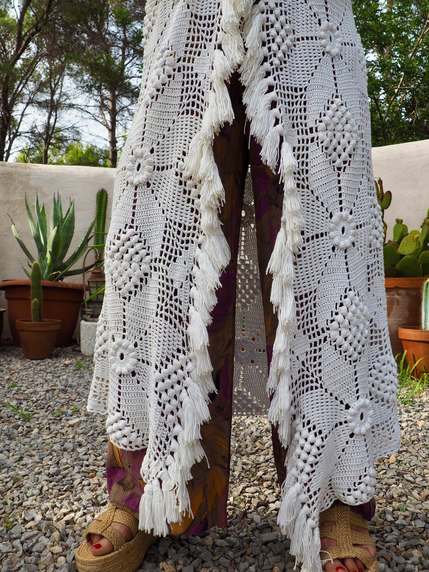 White long vintage handmade crochet jacket up-cycled by Vagabond Ibiza