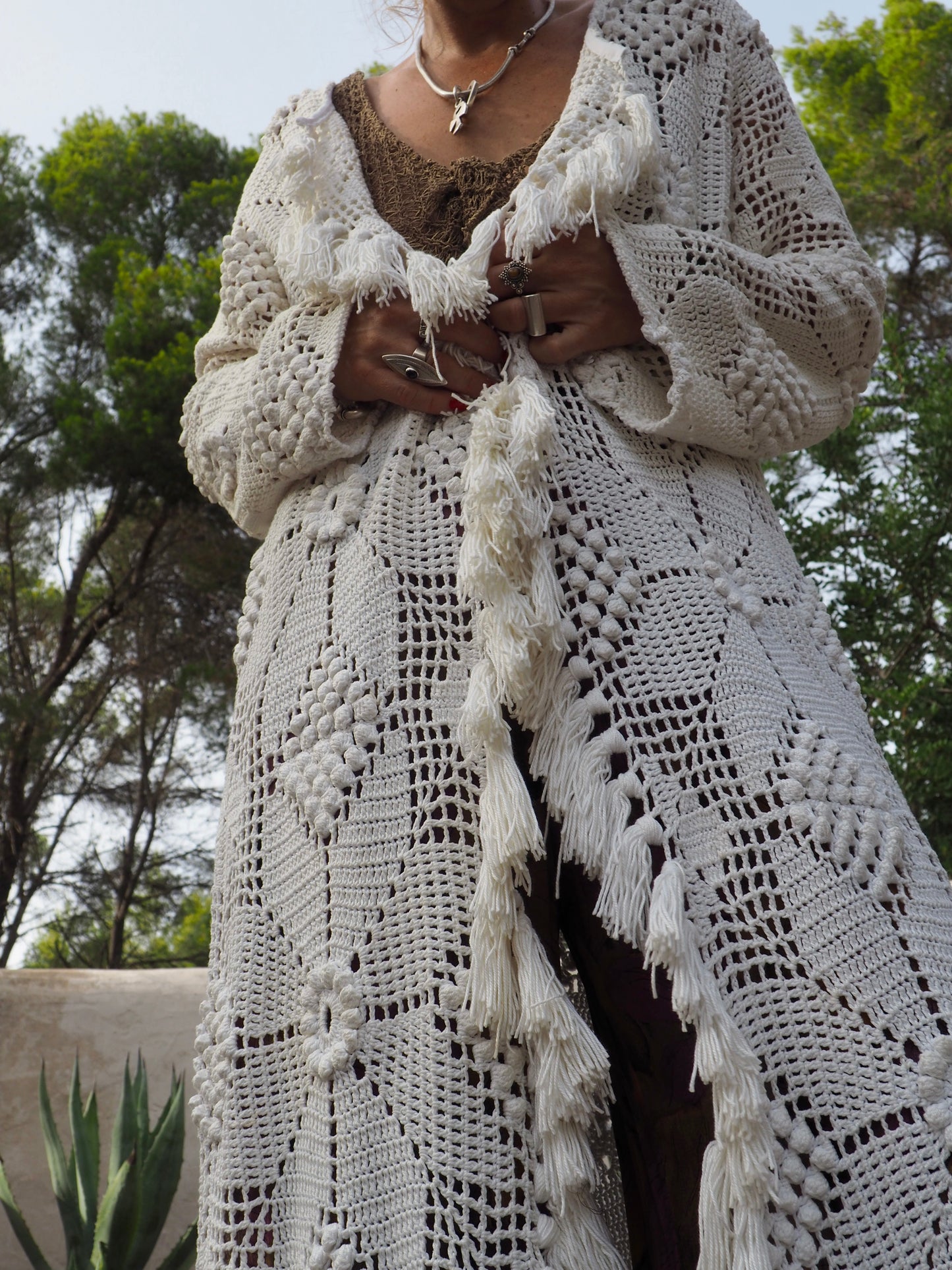 White long vintage handmade crochet jacket up-cycled by Vagabond Ibiza