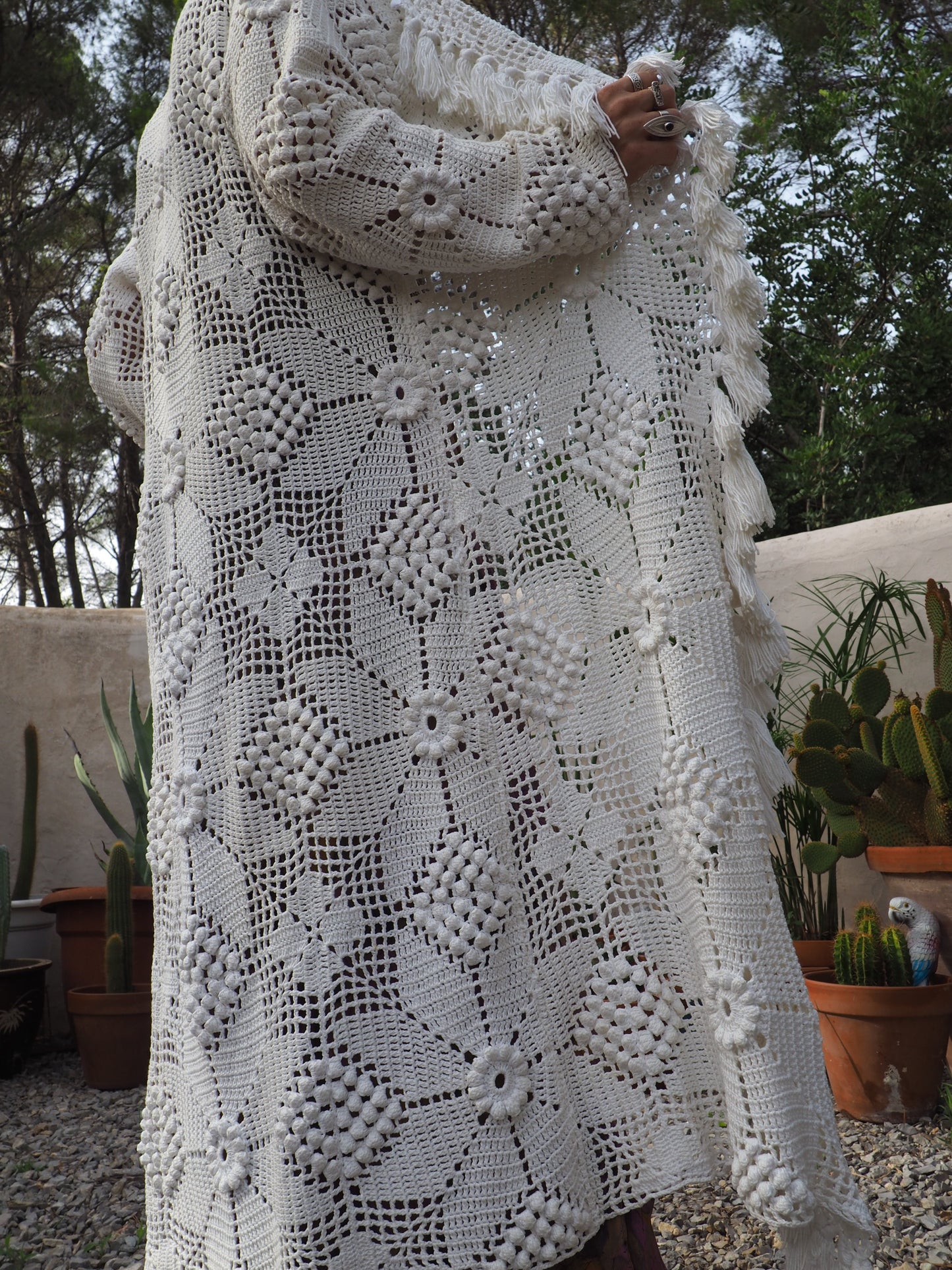 White long vintage handmade crochet jacket up-cycled by Vagabond Ibiza