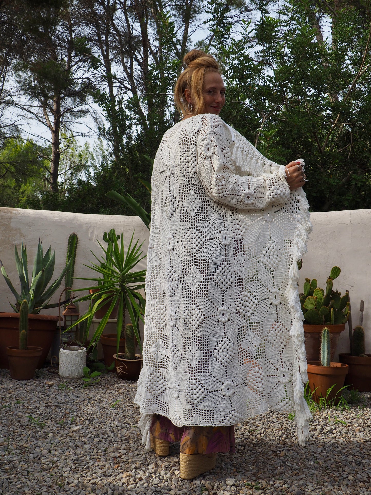 White long vintage handmade crochet jacket up-cycled by Vagabond Ibiza