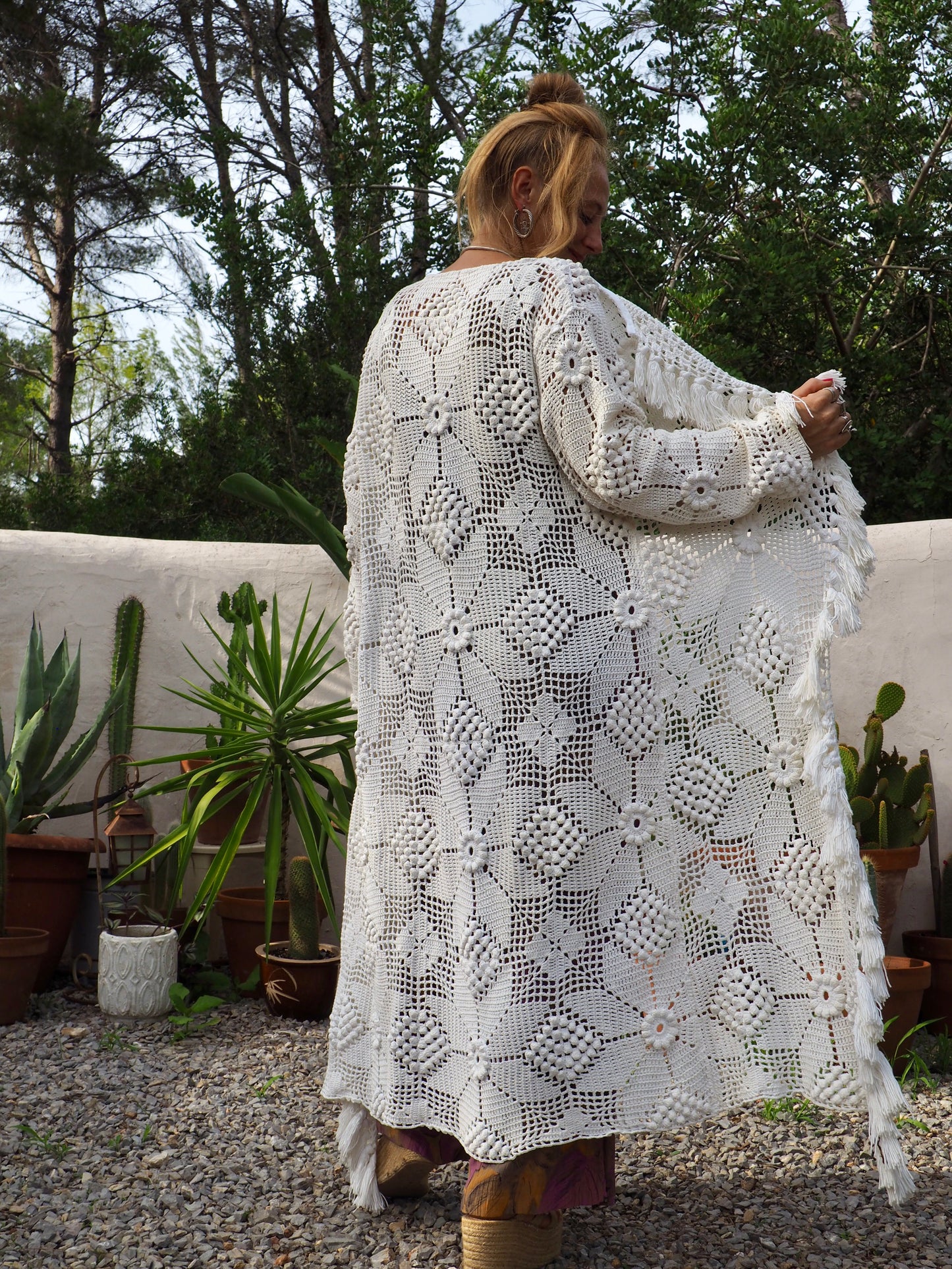 White long vintage handmade crochet jacket up-cycled by Vagabond Ibiza