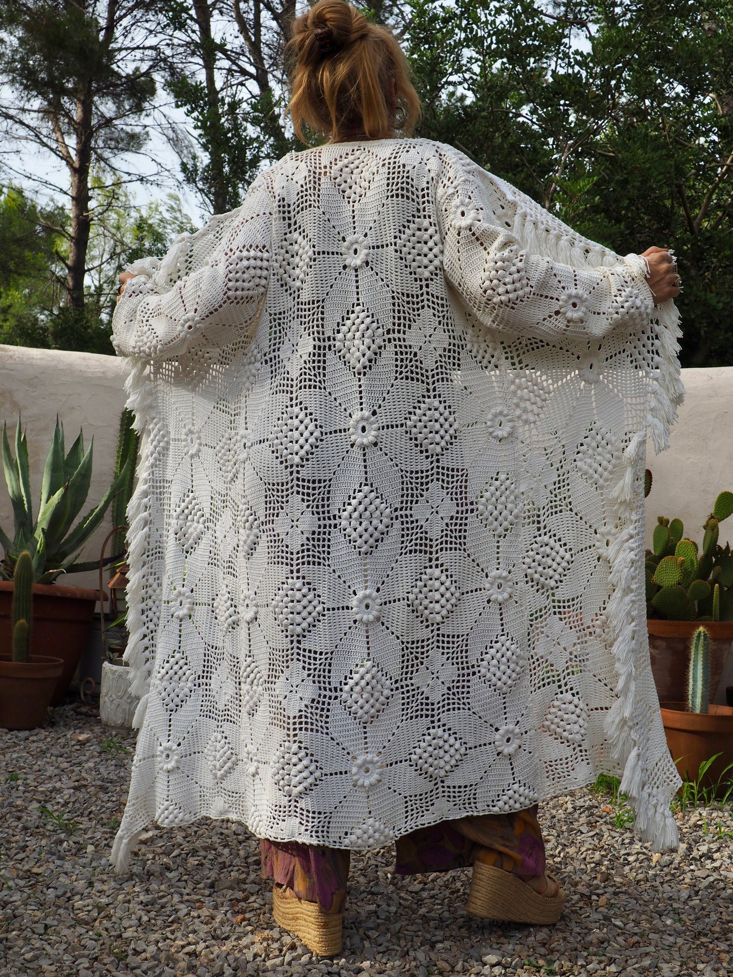 White long vintage handmade crochet jacket up-cycled by Vagabond Ibiza