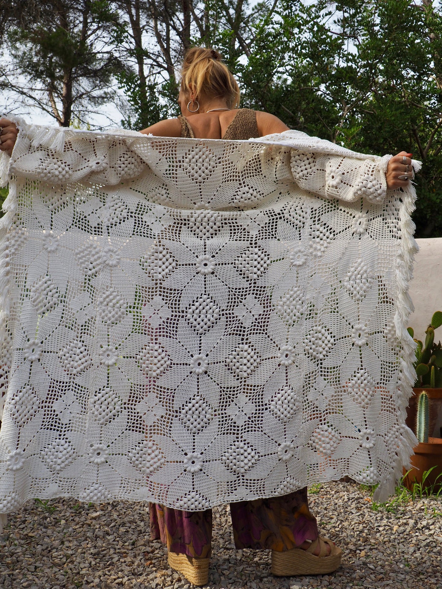 White long vintage handmade crochet jacket up-cycled by Vagabond Ibiza