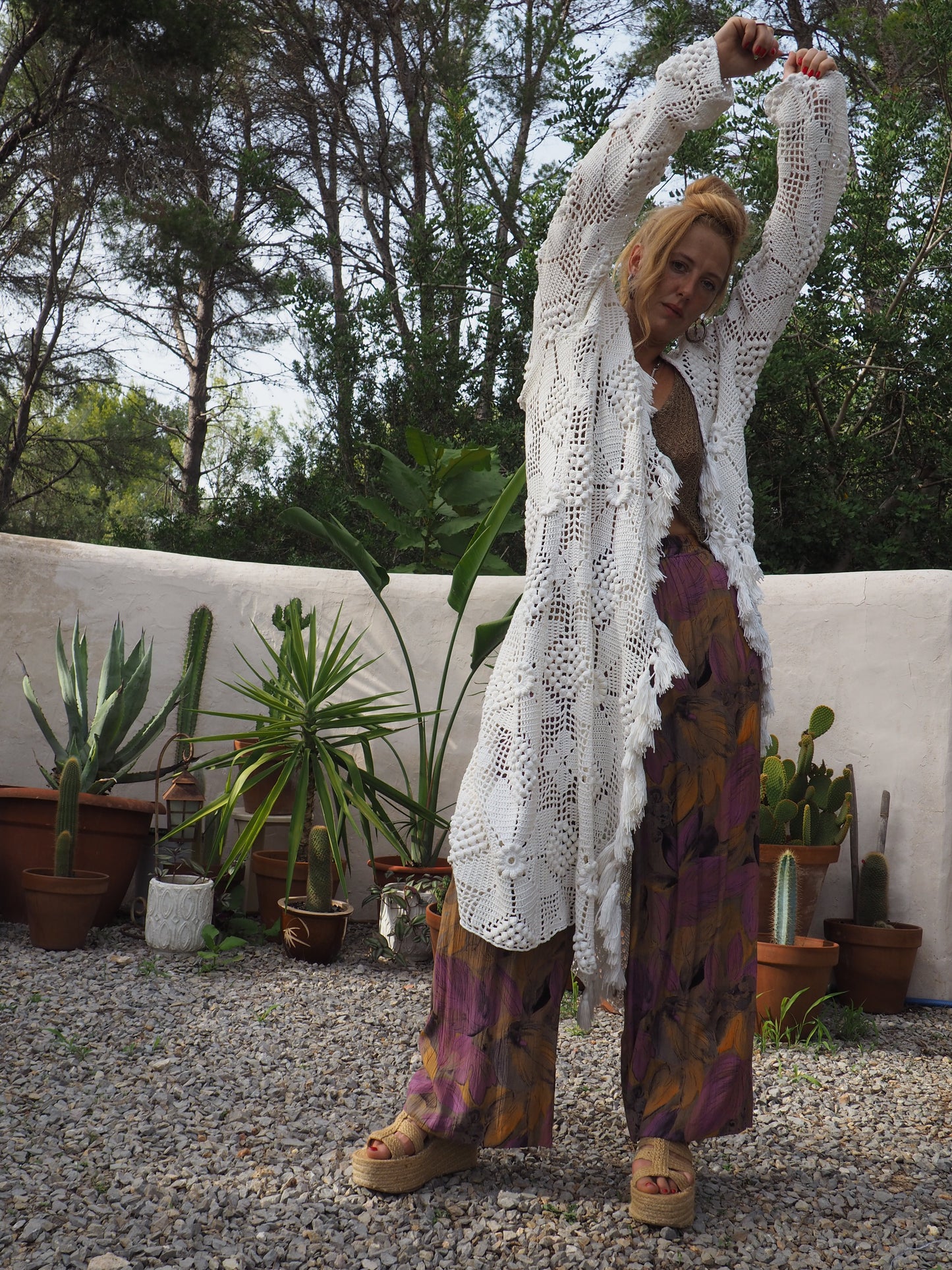 White long vintage handmade crochet jacket up-cycled by Vagabond Ibiza