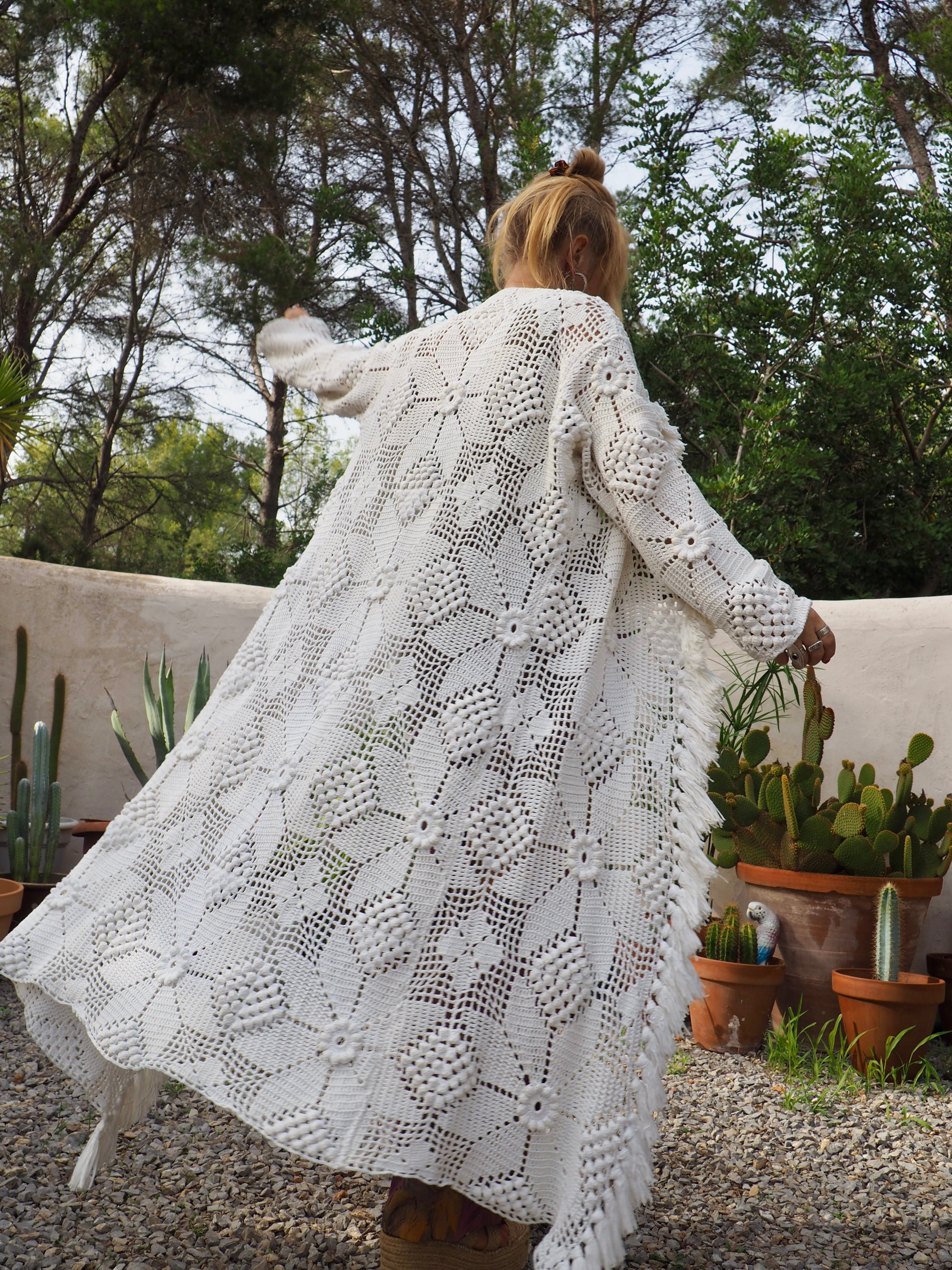 White long vintage handmade crochet jacket up cycled by Vagabond Ibiza