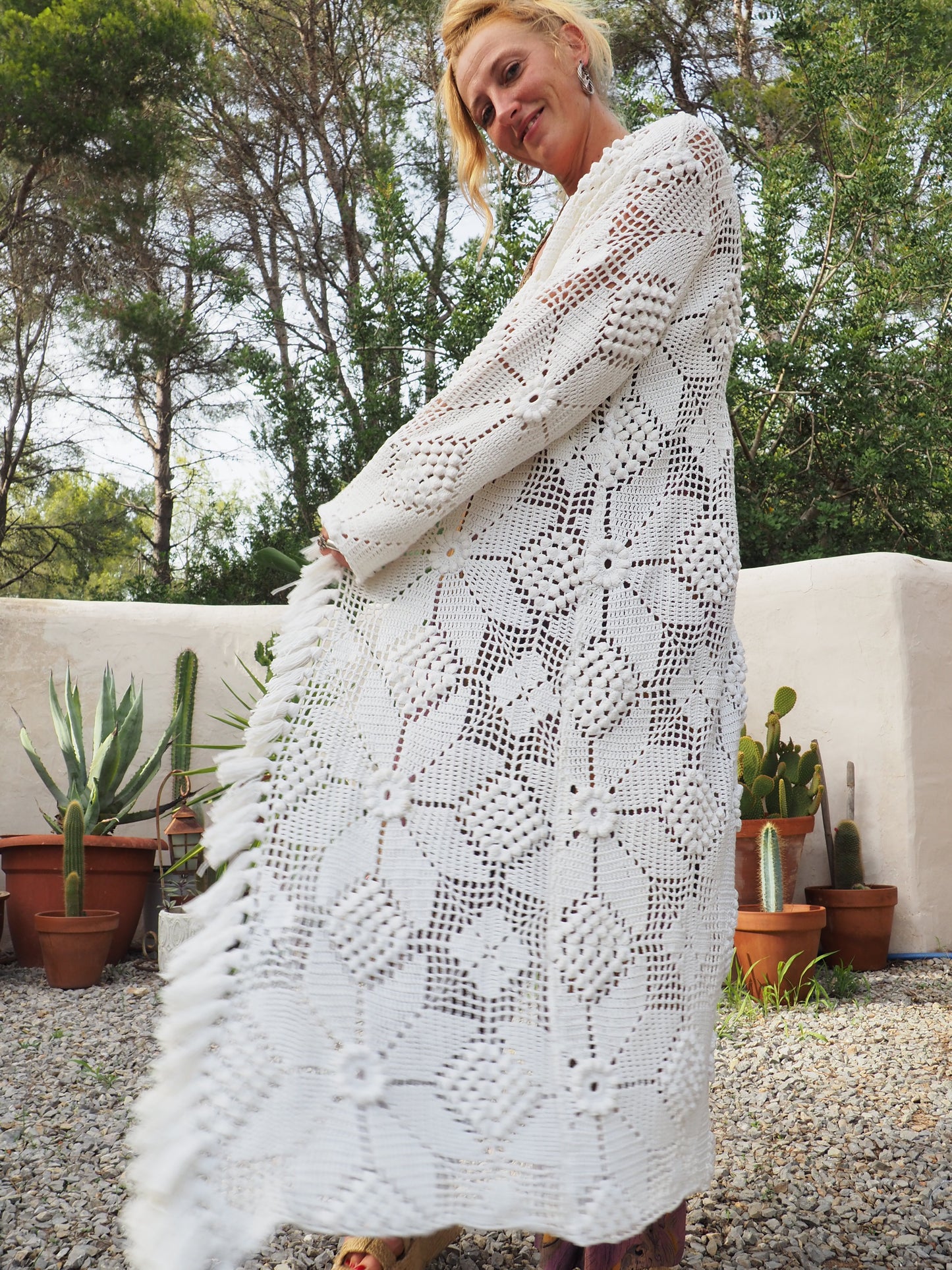 White long vintage handmade crochet jacket up-cycled by Vagabond Ibiza