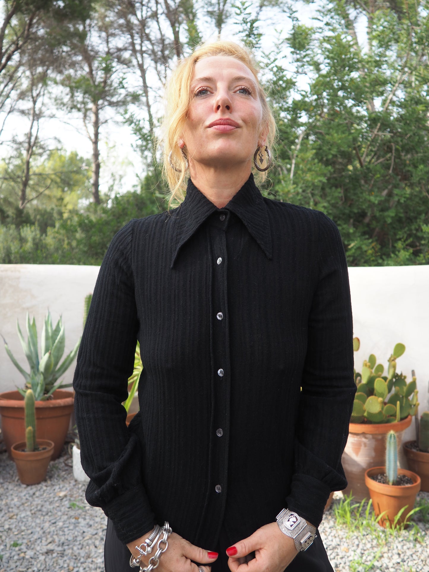 Vintage 1970’s black shirt with buttons down the front oversized collars and back tie details