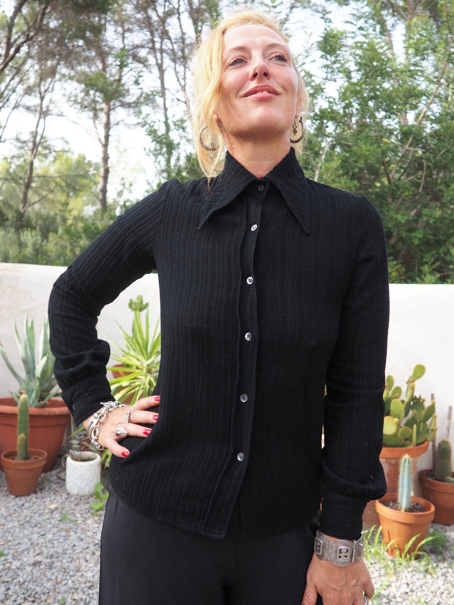 Vintage 1970’s black shirt with buttons down the front oversized collars and back tie details
