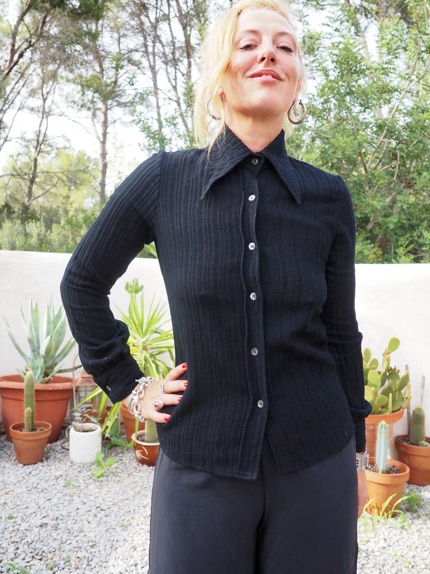 Vintage 1970’s black shirt with buttons down the front oversized collars and back tie details