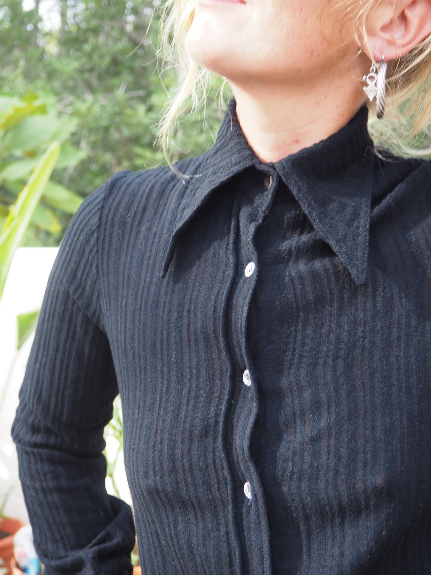 Vintage 1970’s black shirt with buttons down the front oversized collars and back tie details