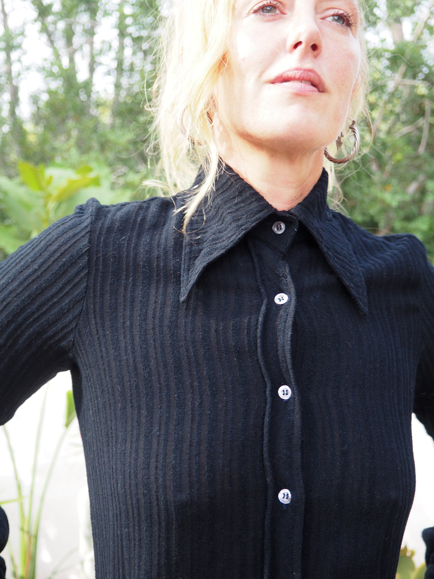 Vintage 1970’s black shirt with buttons down the front oversized collars and back tie details