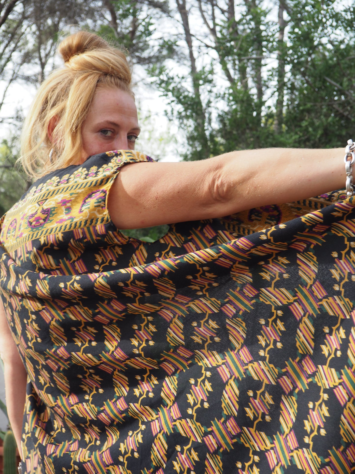 Vintage woven textiles up-cycled long waistcoat with cool print and autumn tones made by Vagabond Ibiza