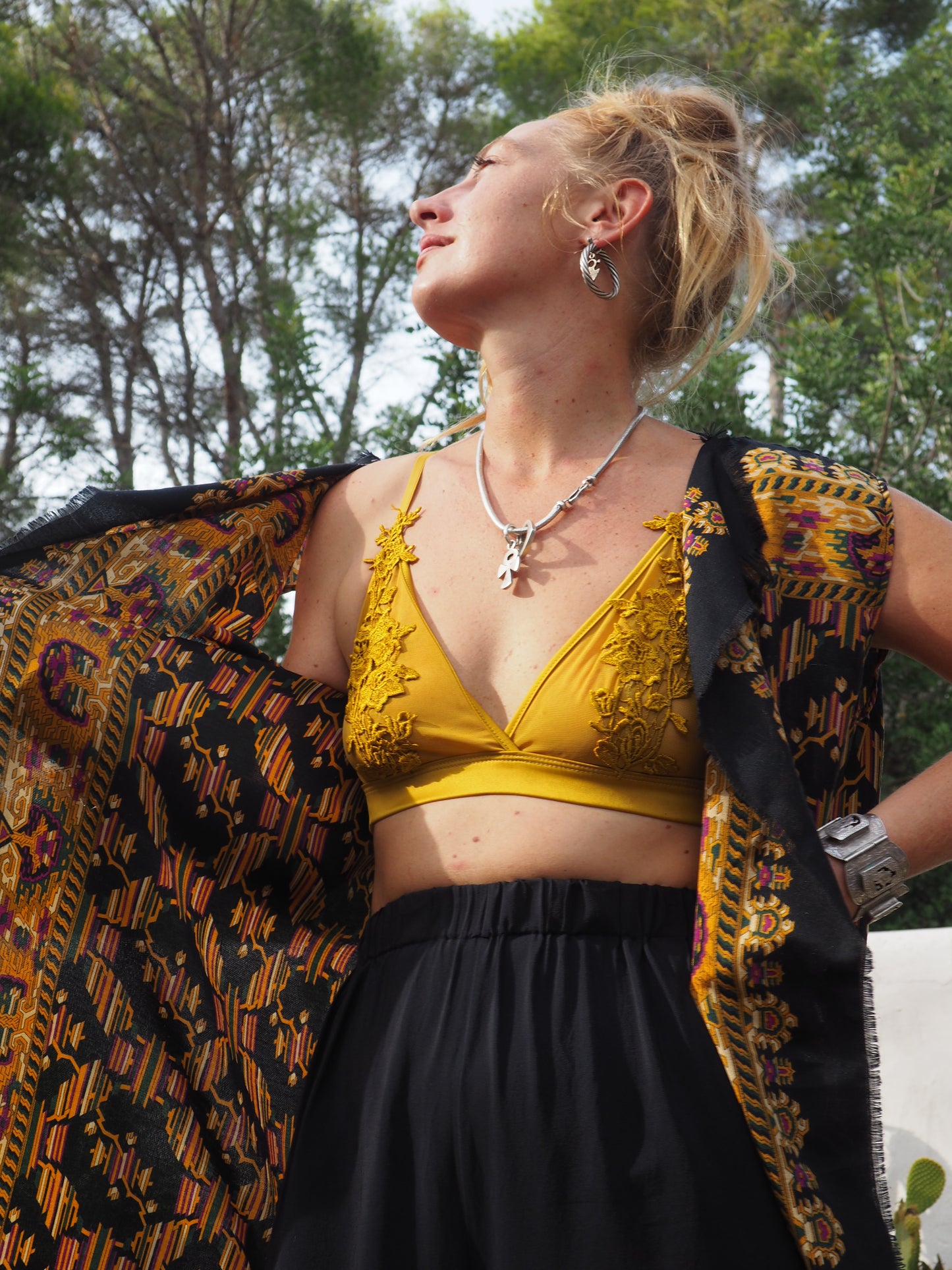 Vintage woven textiles up-cycled long waistcoat with cool print and autumn tones made by Vagabond Ibiza