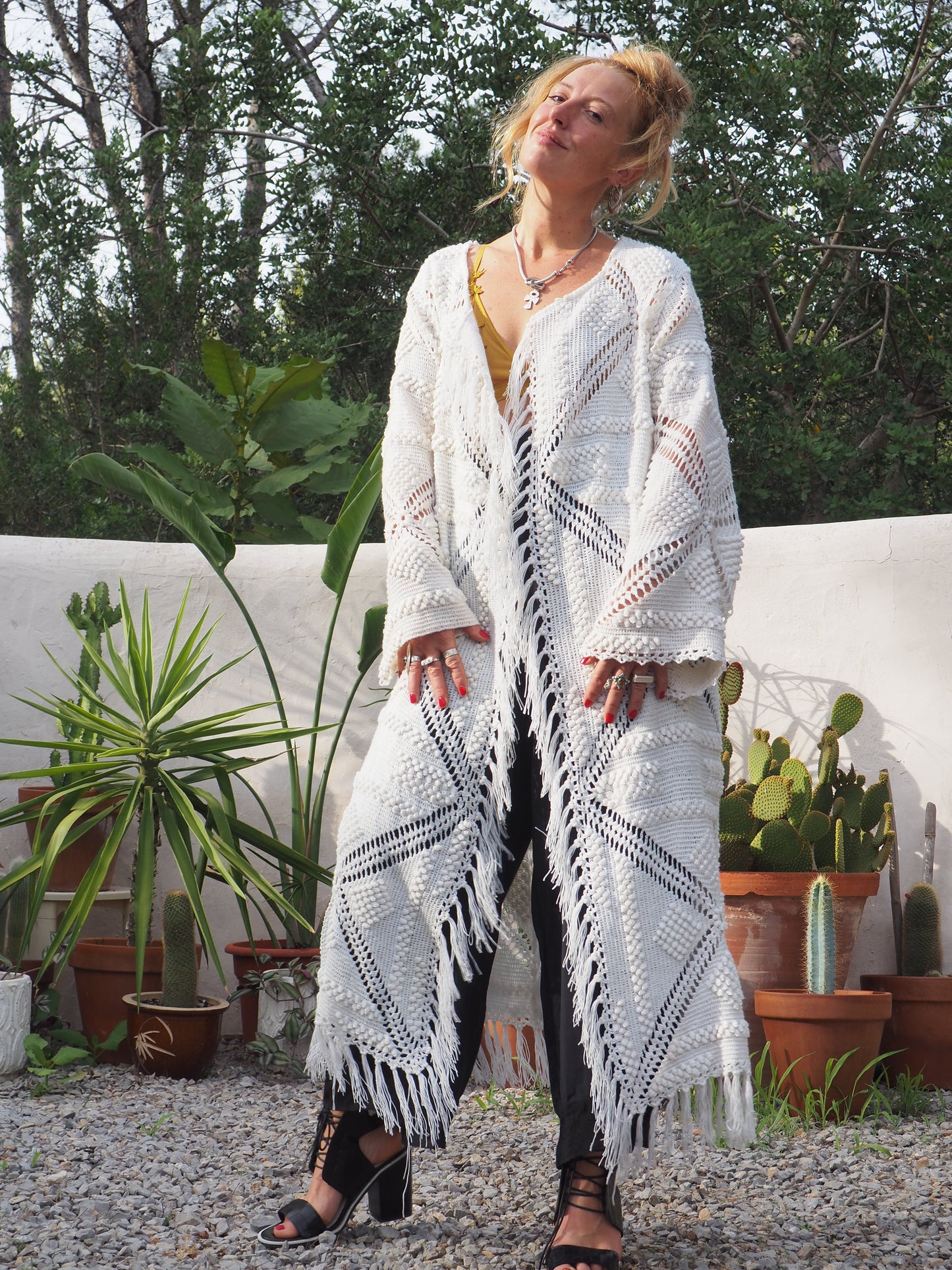 White vintage crochet long jacket up-cycled by Vagabond Ibiza with cute tassel trim.