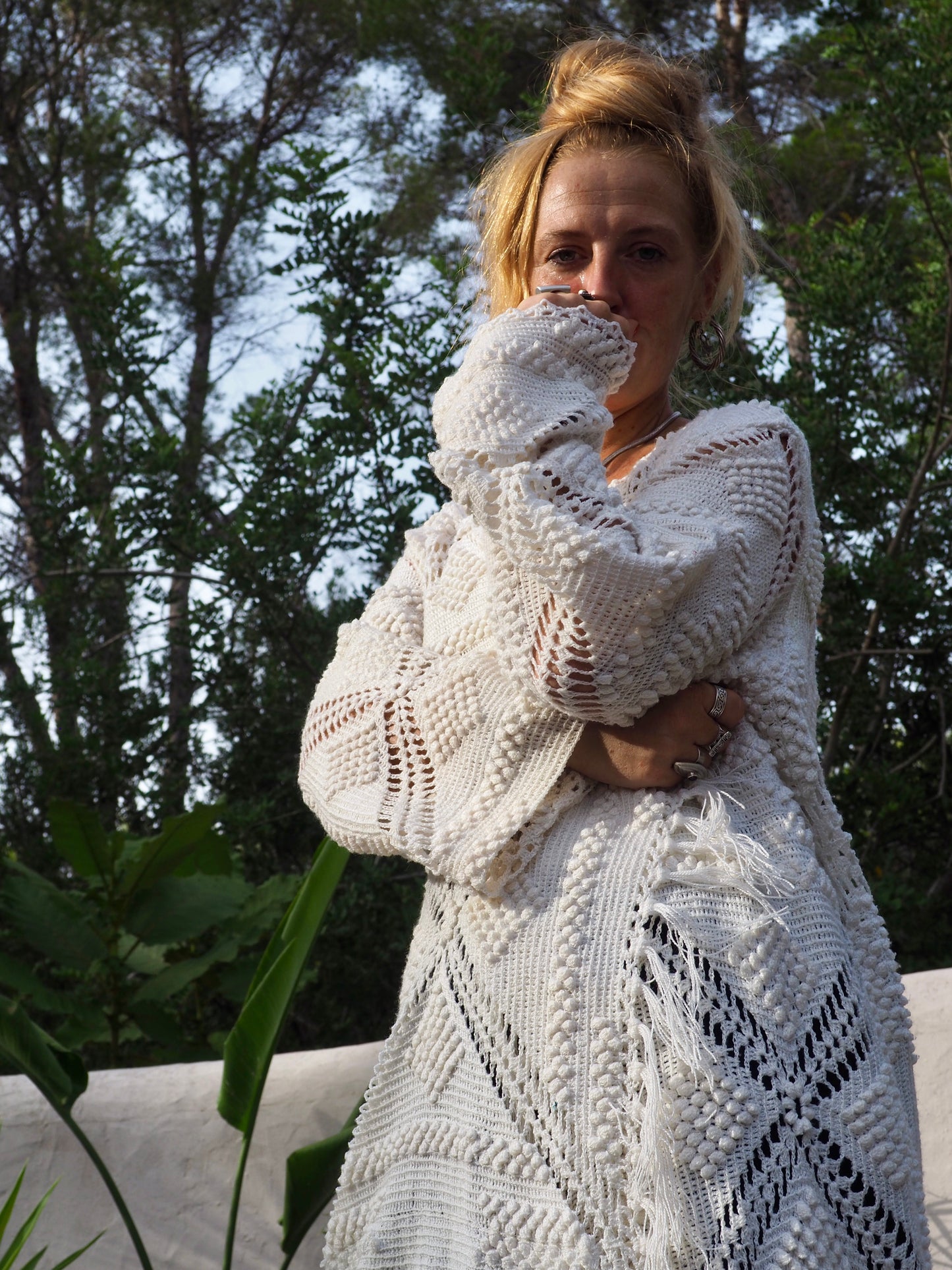 White vintage crochet long jacket up-cycled by Vagabond Ibiza with cute tassel trim.